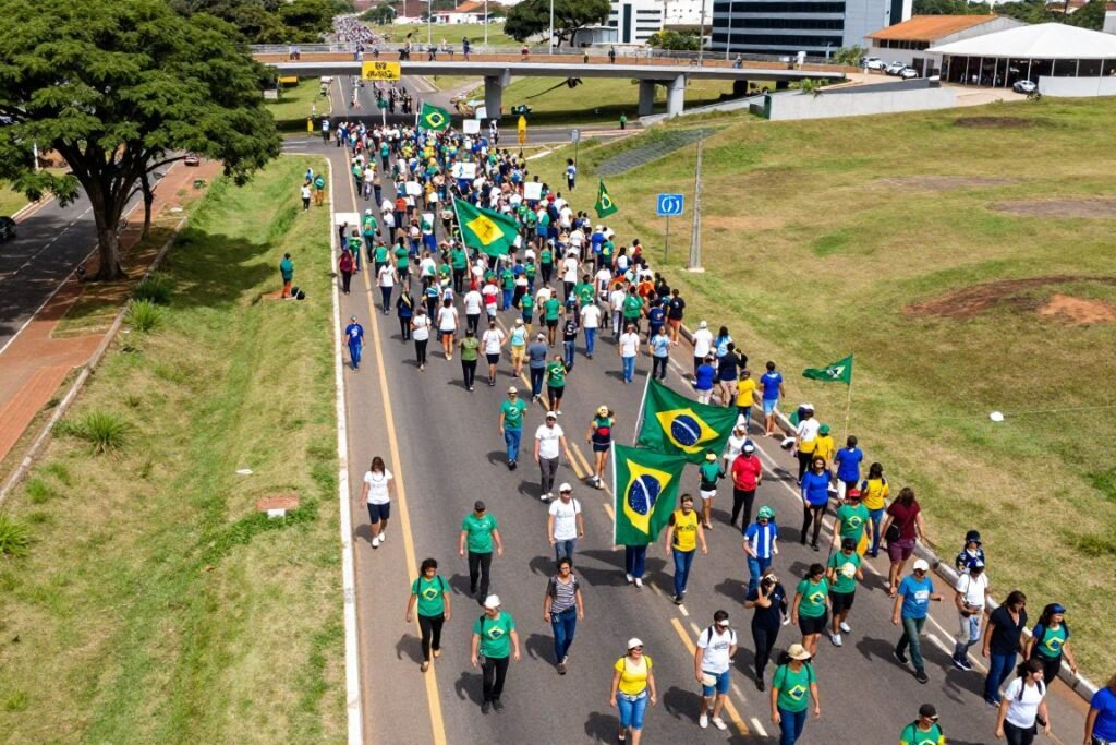 Multidão de apoiadores acompanhando Nikolas Ferreira durante a caminhada de protesto em direção a Brasília
