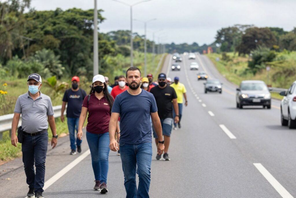 Nikolas Ferreira caminhando com apoiadores na rodovia BR-040 durante o protesto