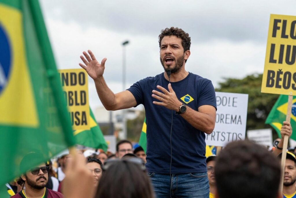 Nikolas Ferreira discursando para apoiadores durante o protesto em Brasília
