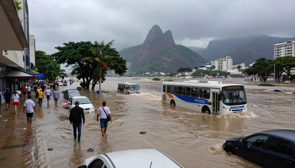 A bustling street in Rio de Janeiro experiencing severe flooding, viewed from a slightly elevated angle to capture the extent of the water. In the foreground, waterlogged pavements with submerged cars and scattered debris. The middle ground features cautious pedestrians navigating through the floodwaters, dressed in professional clothing, while a city bus navigates the deep water. The background showcases iconic Rio architecture, with tropical trees partially visible, under a dramatic gray sky, hinting at recent heavy rainfall. Soft, diffused lighting conveys a somber mood, highlighting the challenges posed by urban flooding. The overall atmosphere is urgent yet reflective, emphasizing the importance of monitoring drainage systems in flood-prone areas.