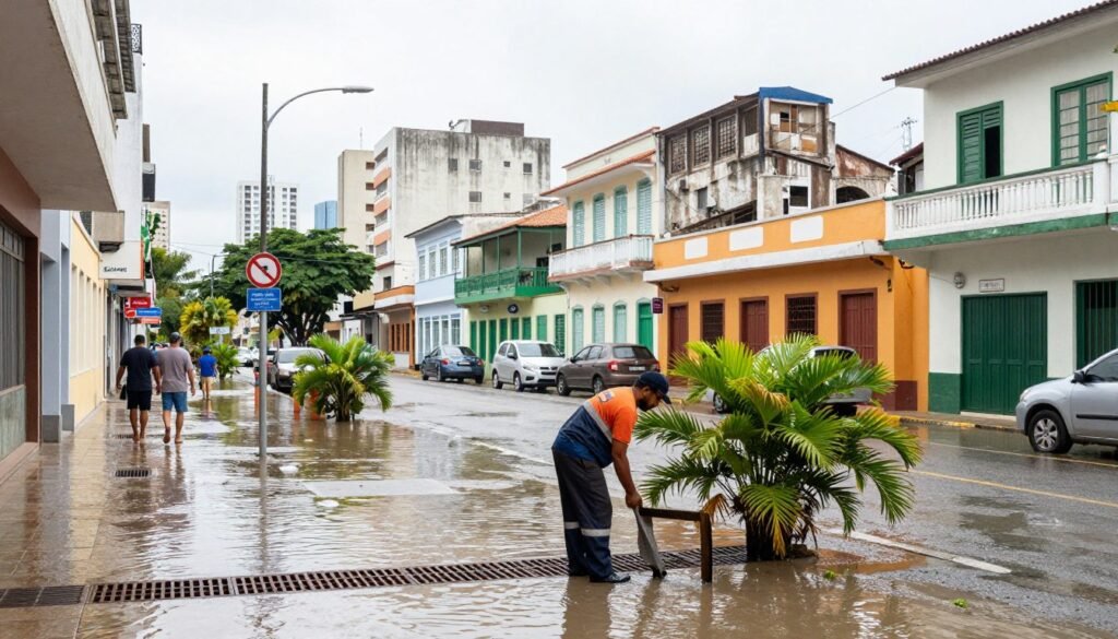 A bustling urban scene in Recife, capturing a busy street with visible signs of urban drainage systems. In the foreground, a city worker in a professional uniform is inspecting drainage grates, surrounded by partially flooded pavements reflecting the bright, overcast sky. In the middle ground, colorful buildings with traditional architecture line the street, showcasing their resilience against flooding, while green tropical plants highlight the urban landscape. The background features a distant view of a high-rise skyline under a cloudy atmosphere, hinting at the need for efficient drainage solutions. The light is soft yet illuminating, creating a thoughtful mood that emphasizes the importance of preventive and mitigating measures against urban flooding.