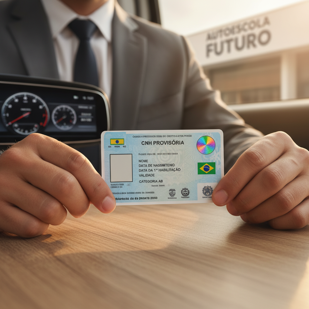 A clear representation of a "CNH provisória" (provisional driver's license) laid against a smooth wooden surface. In the foreground, focus on the card itself, showcasing its design elements: a distinct holographic feature, the Brazilian flag, and the typical layout of personal information. In the middle, include a pair of hands gently holding the card, portrayed in professional business attire, emphasizing a sense of pride and accomplishment. In the background, subtly suggest the setting by adding blurred elements like a car dashboard or the exterior of a driving school, hinting at the context of learning to drive. Utilize soft, warm lighting to create an inviting atmosphere while maintaining clarity, with a slight focus blur on the background. The overall mood should evoke a sense of aspiration and the beginning of a driving journey.