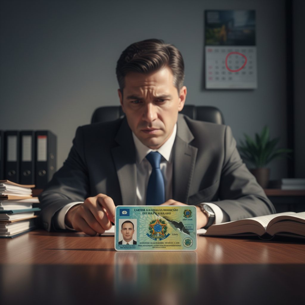 A conceptual representation of "cancelamento da CNH" featuring a discarded Brazilian driver's license prominently in the foreground, partially crumpled and lying on a wooden desk. In the middle ground, a concerned professional—dressed in a business suit—examines the license with a furrowed brow, symbolizing the seriousness of license cancellation. In the background, soft-focus paperwork and a small wall calendar marked with important dates suggest a busy office environment. The lighting is warm and subtle, casting gentle shadows that enhance the mood of contemplation and concern. The angle is slightly elevated, offering a clear view of the license and the person’s expression while maintaining a professional atmosphere.