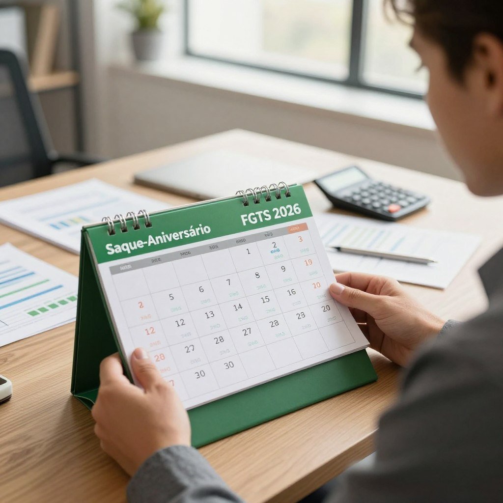 A detailed calendar page showcasing the "Saque-Aniversário FGTS 2026," with highlighted dates marked clearly. In the foreground, a professional-looking individual in business attire examines the calendar thoughtfully. In the middle section, a stylish desk with financial documents and a calculator, representing economic planning and strategy. The background features a modern office setting with soft natural light coming through large windows, creating a warm and inviting atmosphere. The overall mood is focused and optimistic, suggesting a proactive approach to financial management. The color palette should be warm, with earthy tones and touches of green to evoke a sense of security and growth. The composition is balanced, with a slight depth of field to keep the focus on the calendar and the individual.