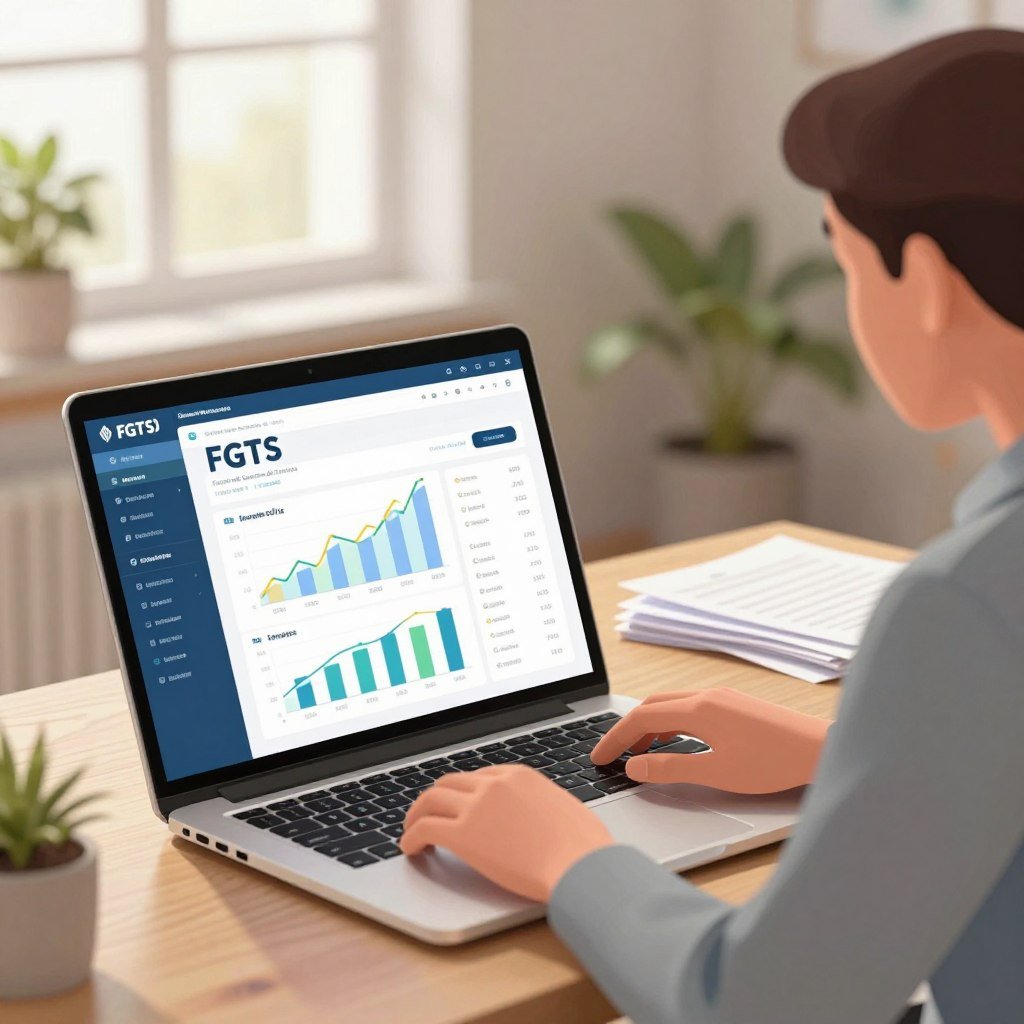 A detailed, modern illustration of a digital interface showing the online balance of FGTS (Fundo de Garantia do Tempo de Serviço). In the foreground, a sleek laptop is open, displaying the FGTS online dashboard with vibrant graphs and financial data, while a professional-looking person in business attire is focused on the screen, with one hand on the keyboard. In the middle ground, a cozy home office setting is depicted, complete with a potted plant and a stack of paperwork, conveying a sense of organization. The background features a softly lit window with curtains, letting in warm, natural light, enhancing the inviting atmosphere. The overall mood should be one of empowerment and clarity, illustrating financial management in a contemporary and approachable way.
