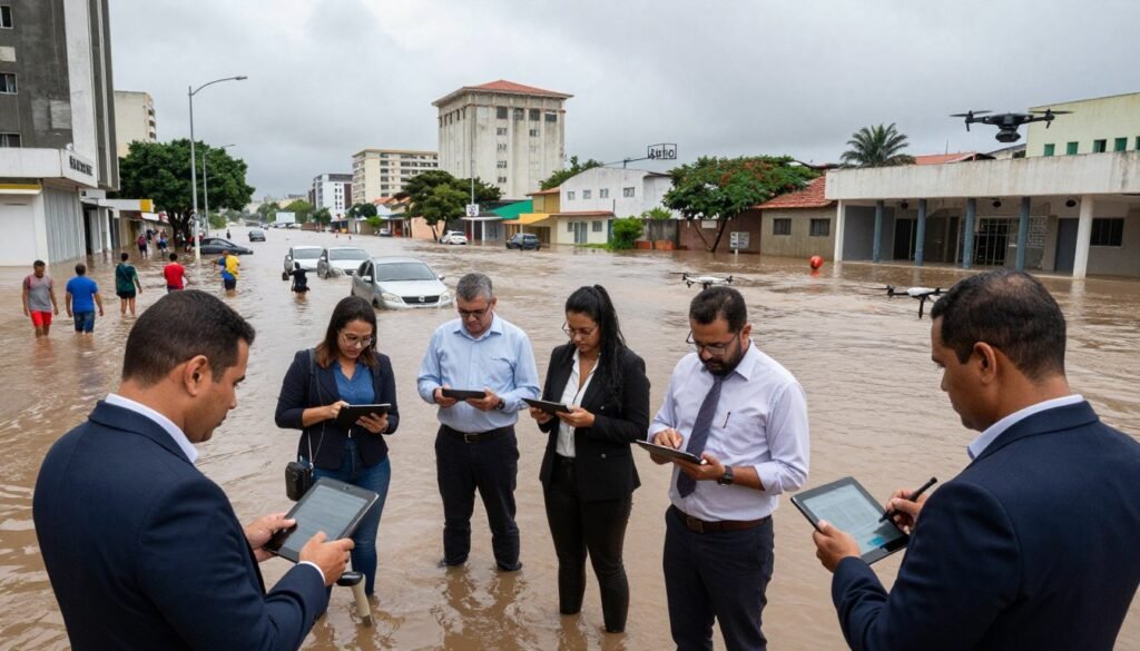 A detailed scene depicting flood monitoring in Recife, showcasing an urban landscape after heavy rain. In the foreground, a diverse team of professionals in business attire uses high-tech equipment, such as drones and digital tablets, to assess flooding. The middle ground features flooded streets, partially submerged vehicles, and people navigating the water cautiously, all while wearing practical, modest clothing. In the background, iconic Recife architecture looms, partially shrouded in moody, overcast skies illuminated by soft, diffused lighting. The overall atmosphere is one of urgency and innovation, emphasizing the need for advanced solutions for flooding issues, while maintaining a sense of hope and collaboration for a sustainable future. The angle captures the scene from a slightly elevated perspective, providing a comprehensive view of the situation.