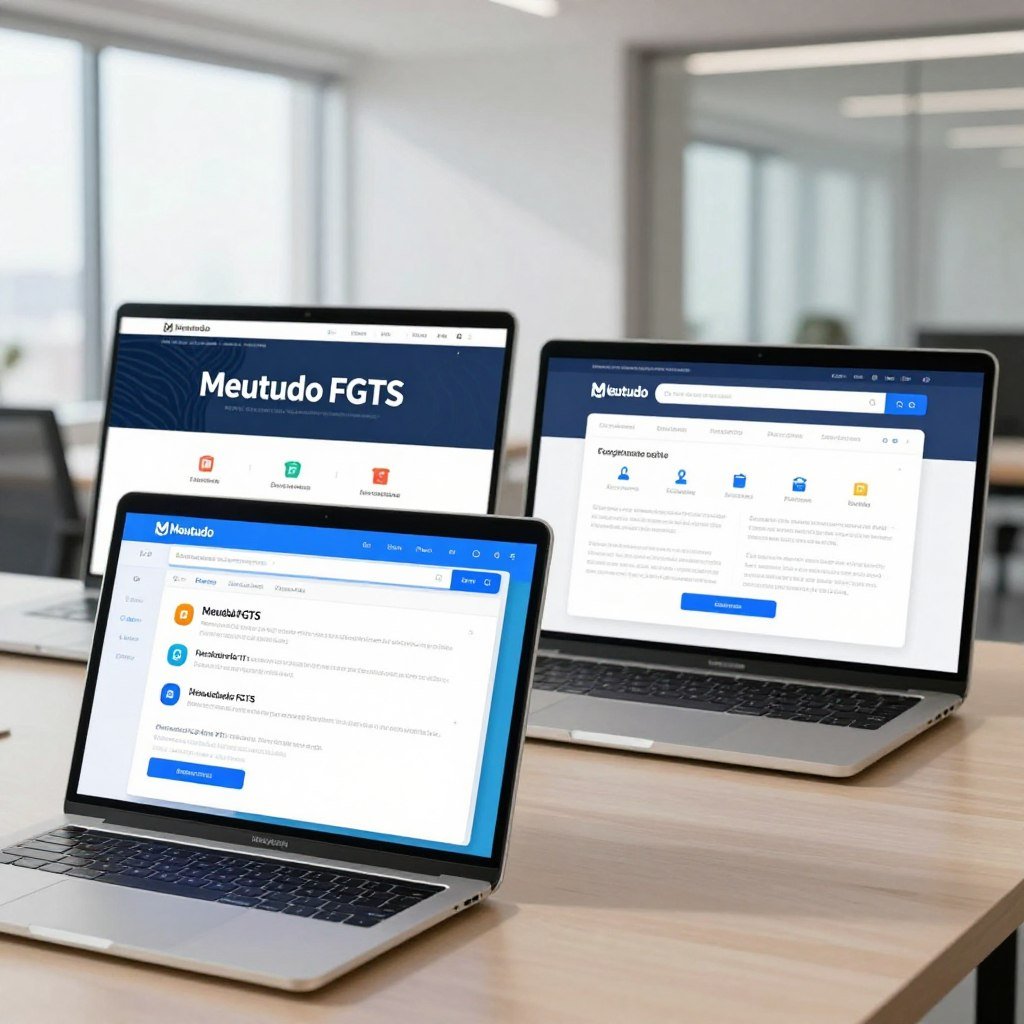 A detailed visual comparison scene showcasing the "Meutudo FGTS" platform alongside two other financial service platforms. In the foreground, a sleek digital device displays the Meutudo FGTS interface, glowing with a user-friendly design in bright colors. In the middle, two side-by-side devices illustrate competing platforms, each with their distinct, professional layouts. The background features a modern office environment with clean lines and soft, natural lighting streaming in from large windows, creating a bright and productive mood. Use a slightly elevated angle to capture all three devices and evoke a sense of clarity and professionalism. The overall atmosphere should be inviting and informative, emphasizing the comparison in a way that is visually appealing and engaging.