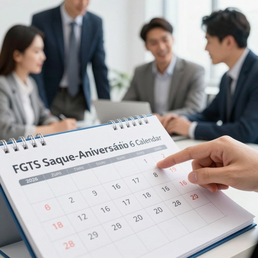 A detailed visual representation of the "FGTS Saque-Aniversário 2026 Calendar." In the foreground, a well-organized calendar open to the year 2026 should dominate the scene, featuring distinct dates marked clearly for the Saque-Aniversário withdrawals. In the middle, include professional-looking people, dressed in business attire, engaging with the calendar, pointing at important dates and discussing financial strategies. The background should have a soft-focus office environment with bright lighting, conveying a sense of professionalism and clarity. Capture the mood of optimism and financial planning, emphasizing trust and organization. The angle should be slightly tilted from above, providing a dynamic view that draws the eye to the calendar while keeping the people engaged in a lively discussion. No text or logos in the image.