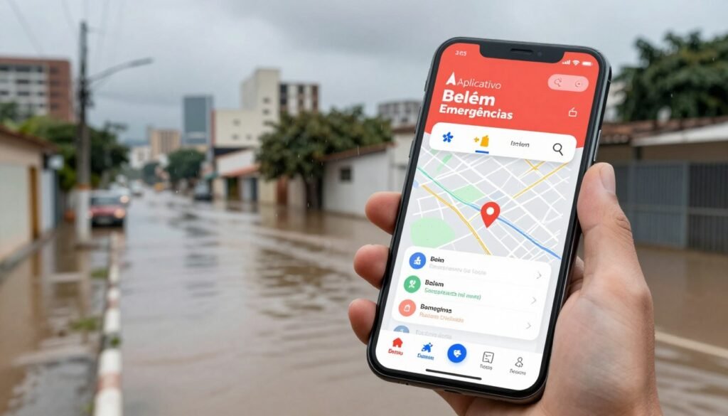 A digital illustration depicting the interface of the "Aplicativo Belém Emergências," targeting flooding reports. In the foreground, display a smartphone held in a hand, showcasing a vibrant, user-friendly app interface with interactive elements, such as a map pinpointing flooding locations and colorful icons for reporting incidents. In the middle ground, include a blurred outline of a flooded street in Belém, hinting at the urgency of the situation with water levels on the pavement. The background features a skyline of Belém with overcast skies, suggesting a recent downpour. Use soft, diffused lighting to create a serious yet hopeful mood, emphasizing the app's role in community support during emergencies. Capture this scene with a slight tilt-angle view for dynamic perspective.