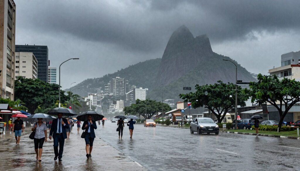 A dramatic weather scene depicting rainstorms and potential flooding in Rio de Janeiro. In the foreground, a street is shown with rain pouring down, puddles forming, and water collecting along the edges. People in professional attire are cautiously walking with umbrellas, emphasizing the impact of the weather. In the middle ground, high-rise buildings typical of Rio's urban landscape loom under dark, ominous clouds. The background features the iconic Sugarloaf Mountain partially shrouded in mist, adding depth. The lighting is moody and overcast, accentuating the urgency of the situation. The overall atmosphere conveys concern and preparedness amidst the natural challenge of the heavy rain and flooding.