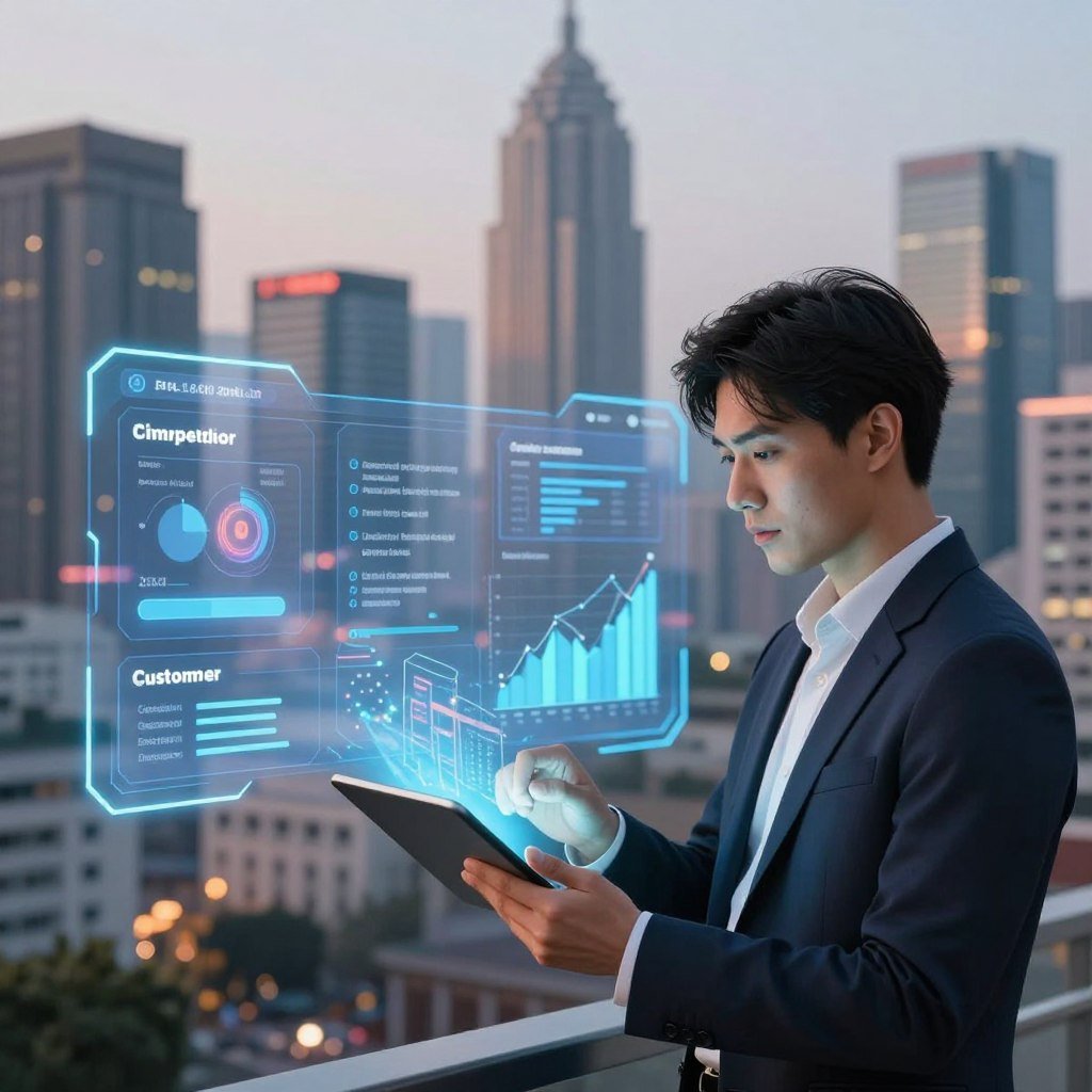 A dynamic and visually engaging illustration representing the competitive differentiators in the fintech sector, focusing on modern banking solutions. In the foreground, feature an androgynous professional in smart business attire, analyzing data on a sleek digital tablet, surrounded by glowing holographic graphs and charts that symbolize innovation and customer insights. The middle ground displays a sleek, futuristic banking interface, incorporating elements like easy-to-use account features and customer-friendly design. In the background, include a skyline of modern city buildings, showcasing a blend of traditional banking structures and tech startup offices. Opt for soft, ambient lighting to create a professional yet approachable atmosphere, with a slight depth of field to add focus on the subject while subtly blurring the background. The overall mood should convey advancement, efficiency, and trust in technology.