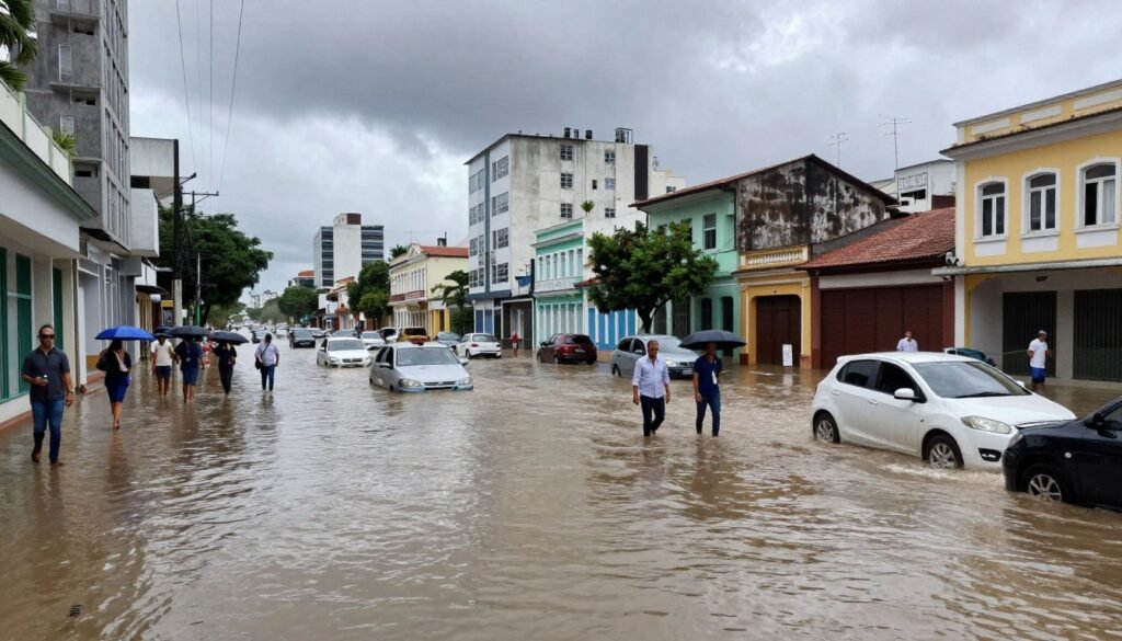 A flooded street scene in Recife, showcasing the impact of heavy rain on urban infrastructure. In the foreground, waterlogged sidewalks and submerged vehicles highlight the extent of the flooding. The middle ground features a bustling neighborhood with people in professional attire cautiously navigating the water, using umbrellas. Surrounding buildings reflect a mix of modern and colonial architectural styles, emphasizing the city's character. The background shows overcast skies, with dark clouds looming, casting a somber light on the scene. The shot is taken at eye level, emphasizing the scale of the flood. The atmosphere conveys urgency and concern for the city's drainage issues, evoking empathy for the residents facing these challenges.