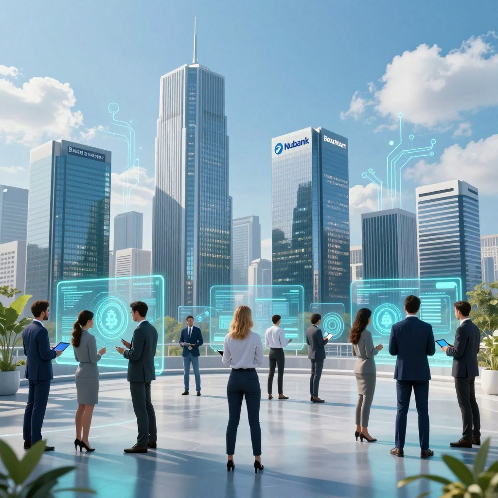 A futuristic financial landscape showcasing modern technology concepts like digital banking and blockchain. In the foreground, a diverse group of professionals in business attire interacts with holographic displays and digital devices, illustrating innovative fintech solutions. The middle ground features sleek, modern buildings representing Nubank and Banco Master, with dynamic lighting casting futuristic shadows. The background includes a skyline with stylized clouds and abstract electronic circuits to symbolize technology integration. Use a wide-angle lens to capture depth, and create a bright, optimistic atmosphere with cool blue and green tones, emphasizing advancement and collaboration in the financial sector. Aim for clarity and detail, while maintaining a professional ambience.