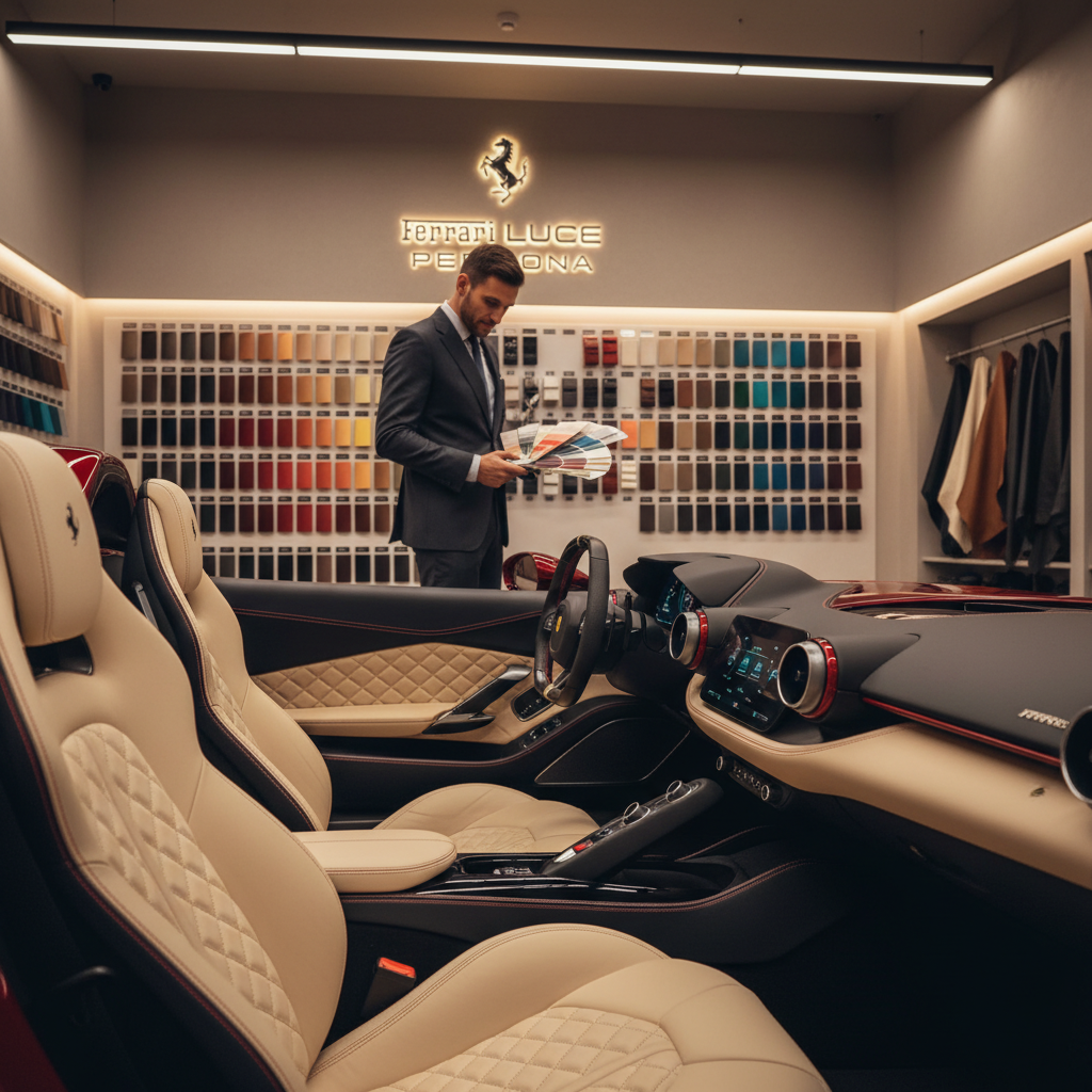 A luxurious Ferrari Luce with a striking deep red finish, showcased in a stylish personalization studio. In the foreground, close-up detail of the car's sleek contours and custom leather interiors, featuring exquisite stitching and a modern dashboard. The middle ground features a designer analyzing color swatches and materials for personalization, dressed in business attire, thoughtfully discussing the options. In the background, a soft-lit wall displays various paint colors and fabric samples, enhancing the atmosphere of creativity and sophistication. The scene is illuminated with warm, soft lighting to create an inviting and elegant ambiance, shot from a low angle to emphasize the Ferrari's sporty elegance and performance. A luxurious Ferrari Luce with a striking deep red finish, showcased in a stylish personalization studio. In the foreground, close-up detail of the car's sleek contours and custom leather interiors, featuring exquisite stitching and a modern dashboard. The middle ground features a designer analyzing color swatches and materials for personalization, dressed in business attire, thoughtfully discussing the options. In the background, a soft-lit wall displays various paint colors and fabric samples, enhancing the atmosphere of creativity and sophistication. The scene is illuminated with warm, soft lighting to create an inviting and elegant ambiance, shot from a low angle to emphasize the Ferrari's sporty elegance and performance.