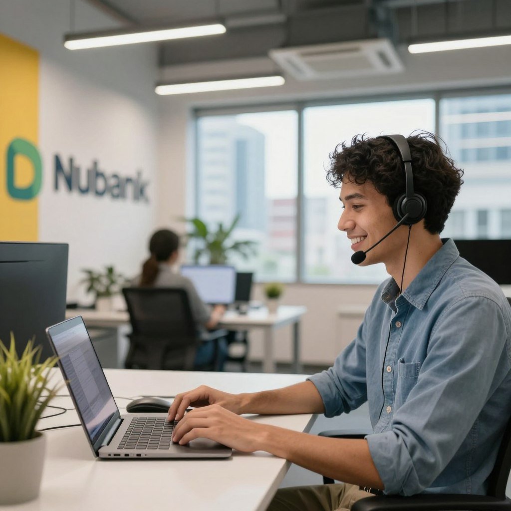 A modern customer support scene featuring a friendly Nubank representative assisting a client. In the foreground, the representative is a young adult in smart casual attire, sitting at a sleek desk with a laptop and a headset. The middle layer showcases a well-lit, open office environment with colorful Nubank branding on the walls, and a large window revealing a bustling cityscape in the background. The lighting is soft yet bright, creating an inviting atmosphere. Include a couple of plants for a touch of warmth. Capture the interaction in a candid yet professional manner, highlighting the spirit of customer service and support, without any text or distractions.