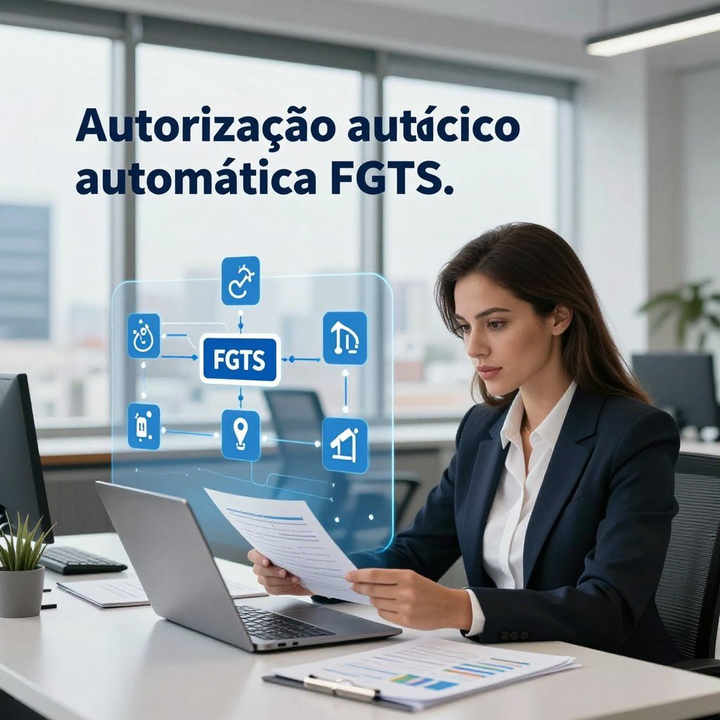A modern office scene illustrating the concept of "autorização automática FGTS." In the foreground, a confident professional woman in business attire sits at a sleek desk with a laptop, focused on her work. She is analyzing financial documents and graphs that represent the automatic authorization process. The middle layer features a transparent overlay of digital icons and flowcharts depicting processes related to FGTS, symbolizing technology and automation. In the background, a large window reveals a cityscape, bright natural light pouring in, creating an uplifting atmosphere. The overall mood is professional and efficient, reflecting the themes of finance and modern work culture. The composition should be well-lit and balanced, with a focus on clarity and organization of elements.