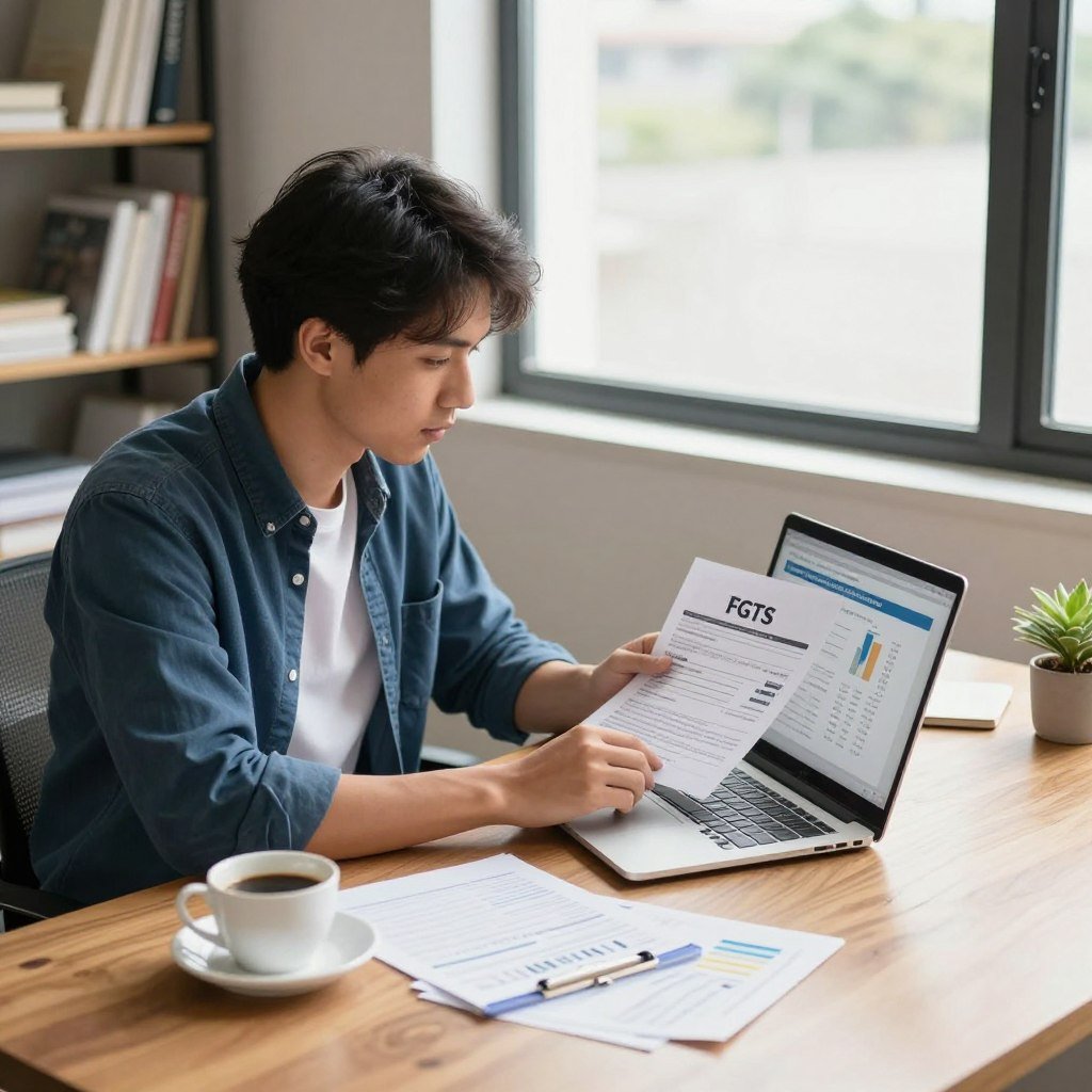 A modern workspace scene depicting a hardworking self-employed individual reviewing their FGTS (Fundo de Garantia do Tempo de Serviço) benefits on a laptop. In the foreground, a focused young professional in smart casual attire is seated at a wooden desk, surrounded by financial documents and a cup of coffee. The middle ground features a large window letting in soft, natural light that highlights the organized workspace. The background shows bookshelves filled with financial literature, contributing to a scholarly atmosphere. The overall mood is one of determination and professionalism, emphasizing the empowerment of autonomous workers managing their finances efficiently. The composition is shot from a slightly elevated angle to capture both the subject and the well-arranged desk details.