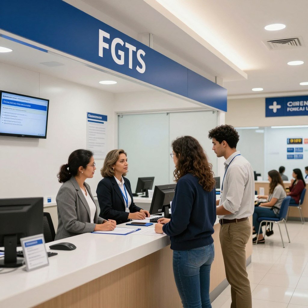 A professional and inviting scene depicting a modern bank branch where individuals can perform FGTS withdrawals. In the foreground, a diverse group of people including a middle-aged woman in business attire and a young man in casual yet tidy clothing, are interacting with a bank teller at the counter. The middle section should showcase clear signage promoting FGTS services, with bright yet soft lighting creating a welcoming atmosphere. In the background, little details like a digital display showing the amount available for withdrawal, and other customers seated while waiting, add depth to the scene. Use a wide-angle lens to capture the spacious interior, emphasizing the bank's modern design. The overall mood should convey professionalism and accessibility.