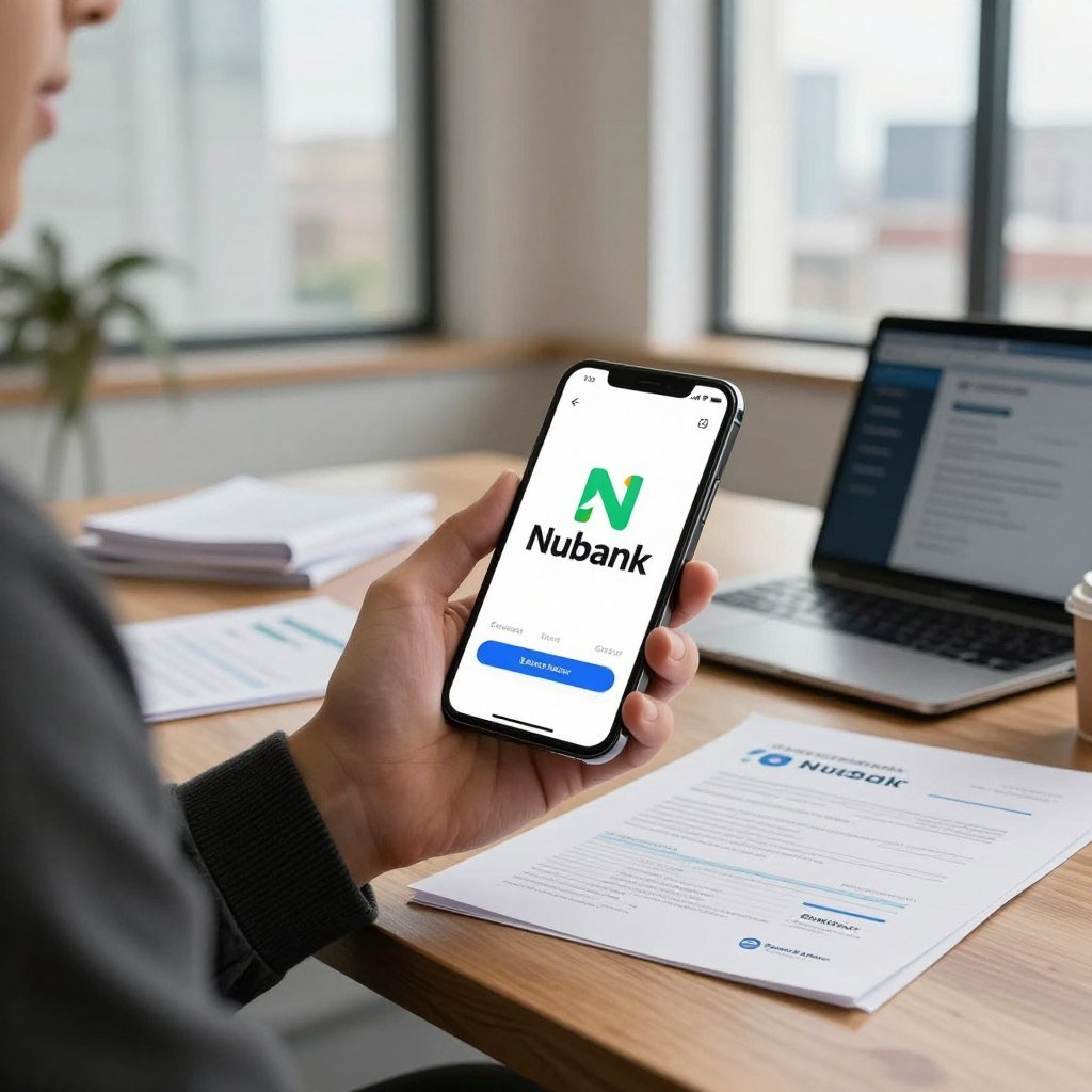 A professional and modern office environment, showcasing a sleek Nubank app interface on a smartphone held by a business professional in smart casual attire. In the foreground, the smartphone screen displays the vibrant Nubank logo, emphasizing its connection to Banco Master. The middle ground reveals a polished wooden desk scattered with financial documents and a laptop, subtly illustrating the banking theme. In the background, large windows let in natural light, casting gentle shadows across the room, and a city skyline is visible outside, adding an urban vibe. The atmosphere conveys a sense of innovation and partnership, inviting viewers to explore the relationship between Nubank and Banco Master. The lighting is bright yet warm, enhancing the professional ambiance.