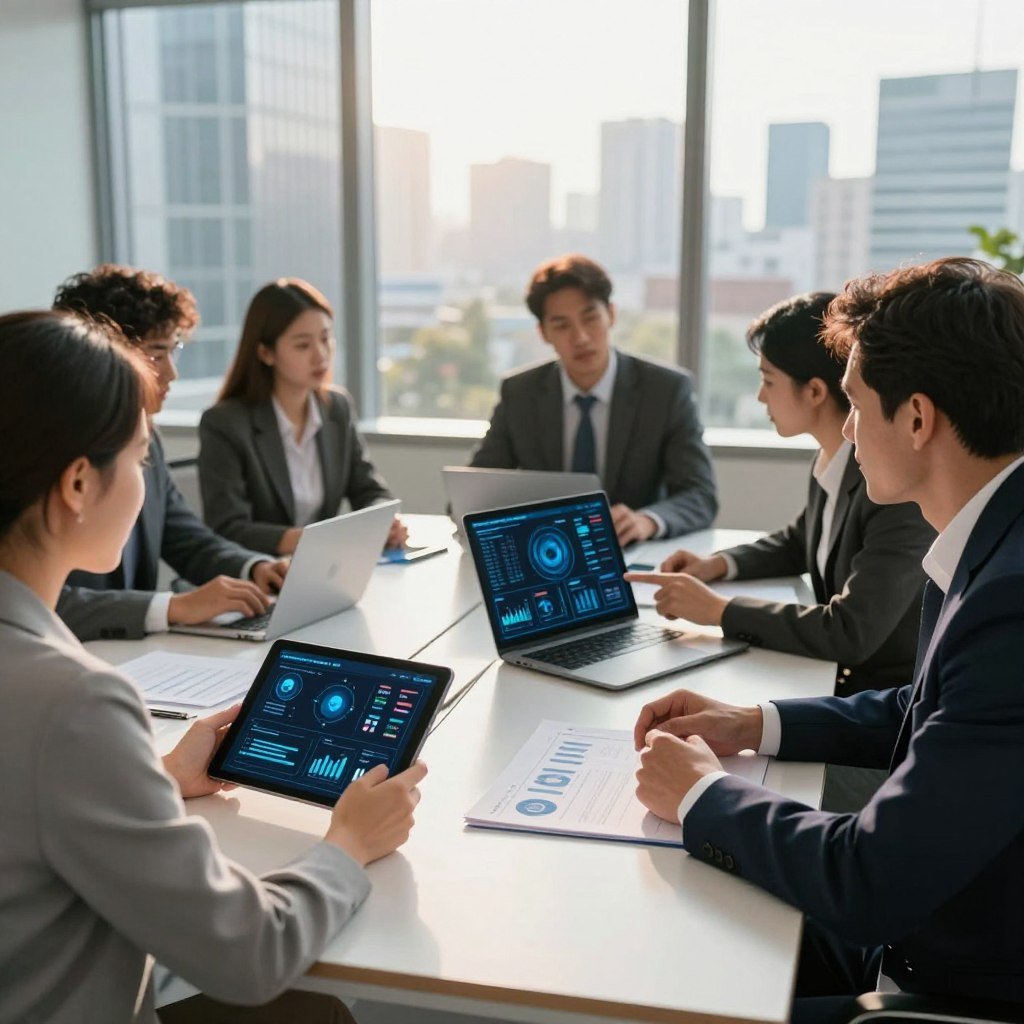 A professional office environment depicting a diverse group of individuals engaged in a discussion about fintech security. In the foreground, a focused woman in business attire utilizes a tablet displaying security metrics, while a man in a suit points to a digital security dashboard on a laptop. The middle ground features a sleek conference table with security-related documents and data charts neatly arranged. The background shows large windows providing a view of a modern cityscape bathed in warm sunlight, symbolizing transparency and innovation. The atmosphere is collaborative and forward-thinking, with soft, natural lighting creating a sense of trust and safety in financial services. No text or branding in the image. A professional office environment depicting a diverse group of individuals engaged in a discussion about fintech security. In the foreground, a focused woman in business attire utilizes a tablet displaying security metrics, while a man in a suit points to a digital security dashboard on a laptop. The middle ground features a sleek conference table with security-related documents and data charts neatly arranged. The background shows large windows providing a view of a modern cityscape bathed in warm sunlight, symbolizing transparency and innovation. The atmosphere is collaborative and forward-thinking, with soft, natural lighting creating a sense of trust and safety in financial services. No text or branding in the image.