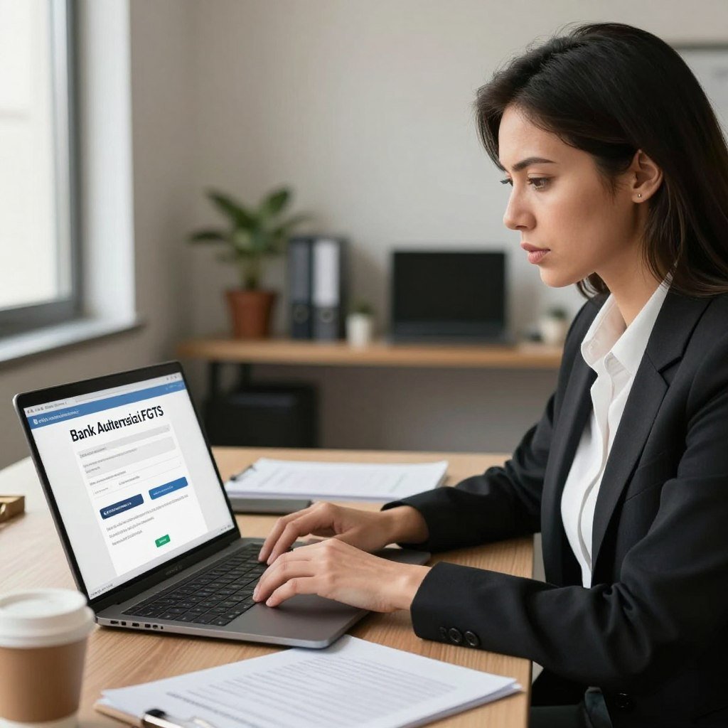A professional office environment focuses on a woman in business attire, seated at a desk with a laptop open in front of her. She appears engaged as she navigates an online platform to revoke bank authorization for FGTS. In the foreground, a close-up on her determined expression conveys the seriousness of her task. In the middle, the desk is adorned with documents and a coffee cup, symbolizing a busy workday. The background features a stylish office decor with soft, natural lighting coming from a window, creating a warm and focused atmosphere. The image captures the mood of empowerment and decisiveness in managing financial matters.