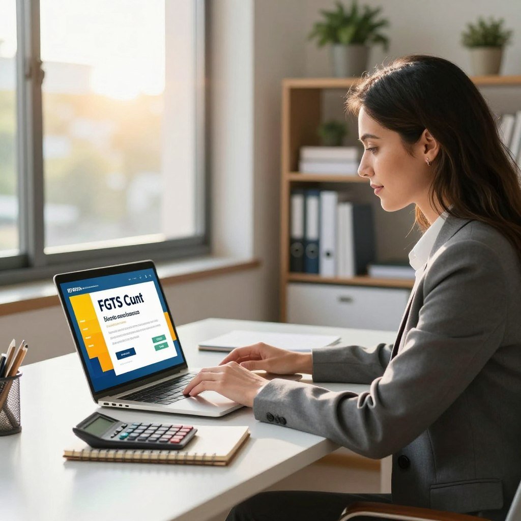 A professional office setting featuring a confident businesswoman in smart casual attire, sitting at a sleek, modern desk. She is focused on her laptop screen, where a brightly colored graphic displays information about FGTS balance consultation. The foreground includes a notepad and a calculator beside the laptop, suggesting preparation for financial planning. In the middle ground, a window shows a sunny day outside, enhancing a hopeful atmosphere. The background features a bookshelf with neatly arranged financial books and decorative plants. Soft, natural lighting streams through the window, casting a warm glow in the room, creating an inviting and productive mood. The composition should convey a sense of empowerment and financial awareness.