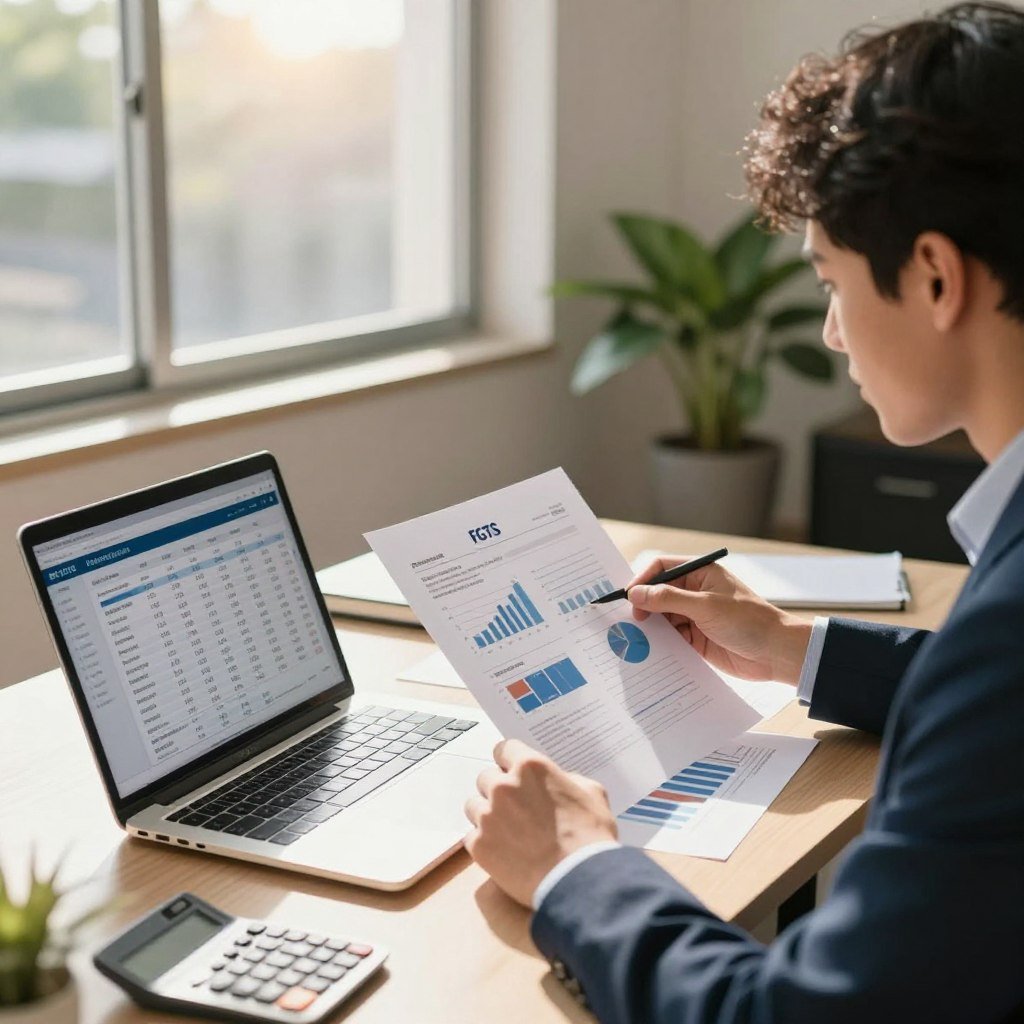 A professional setting showcasing a neatly organized workspace reflecting financial management. In the foreground, a desk with an open laptop displaying a digital account balance for "FGTS" alongside documents and a calculator. In the middle, a focused individual in professional business attire, analyzing charts and reports regarding investments and savings. The background features a large window with sunlight streaming in, casting warm, natural light across the room, enhancing the productive atmosphere. Soft shadows create depth, while potted plants add a touch of greenery, symbolizing growth and stability. The overall mood is focused and aspirational, encouraging effective FGTS management.
