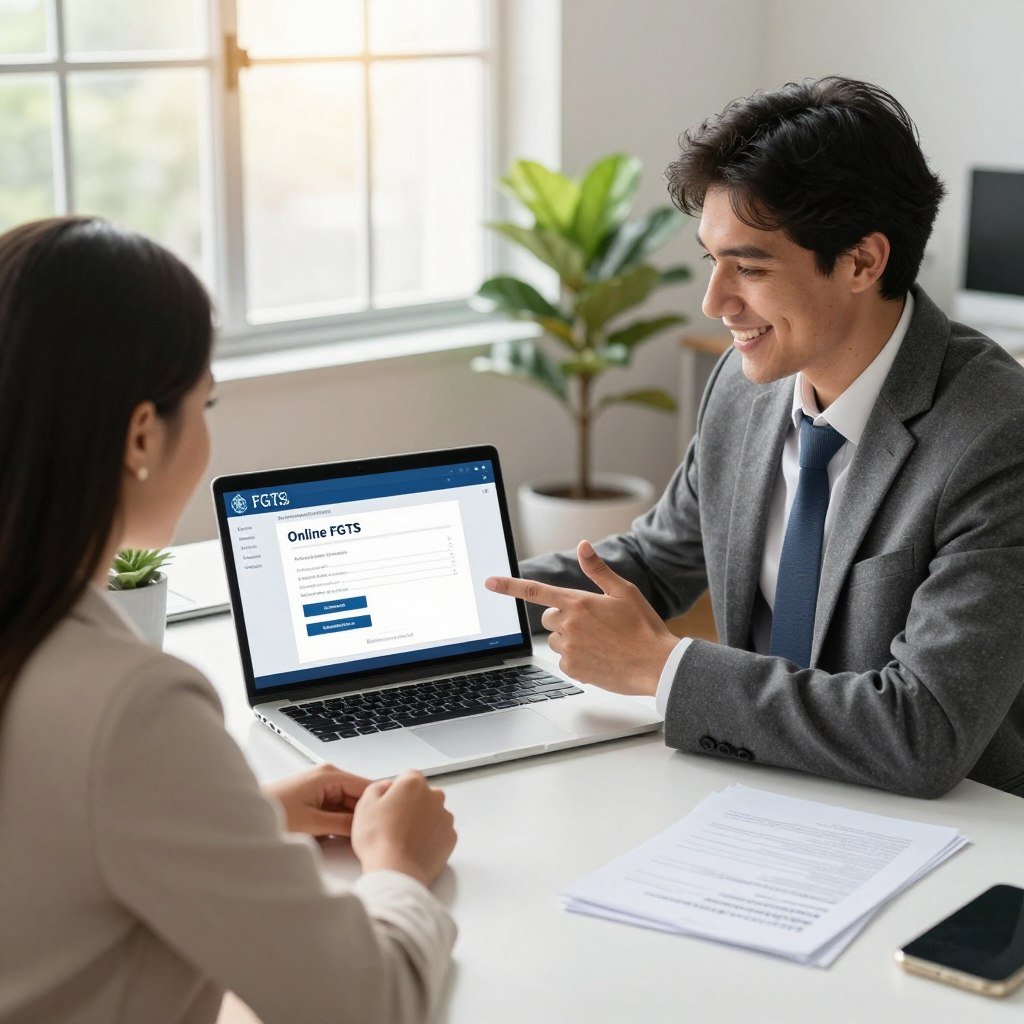 A professional setting showcasing a young adult man and woman in business attire, sitting together at a modern office desk with a laptop open in front of them. The man is showing a friendly smile while pointing to the screen, which displays a detailed, user-friendly interface for online FGTS withdrawal. Bright natural lighting pours in from a large window in the background, illuminating the scene with a warm and inviting glow. The background features potted plants and neatly arranged paperwork, creating an organized and productive atmosphere. The composition emphasizes collaboration and guidance, reflecting a mood of empowerment and support for individuals navigating the FGTS withdrawal process. The angle is slightly above eye level, allowing for a clear view of both the individuals and the digital content on the laptop screen.