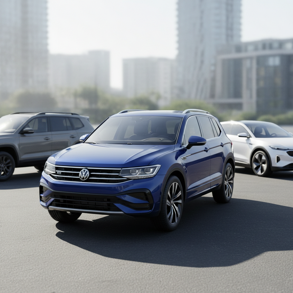 A sleek Volkswagen Tukan, a modern utility vehicle, parked prominently in the foreground. The Tukan's distinctive design features a bold front grille and streamlined body, painted in an attractive deep blue with silver accents. Surrounding the vehicle, slightly blurred, are two competitive models from other brands, showcasing contrasts in style and features. In the middle ground, an urban setting provides context, with city buildings subtly blurred to maintain focus on the cars. Bright, natural daylight casts soft shadows, highlighting the vehicles’ contours. An angled view from slightly above gives an authoritative look to the composition while maintaining a professional and inviting atmosphere. The image conveys a sense of comparison and innovation without any text elements, focusing solely on the vehicles.