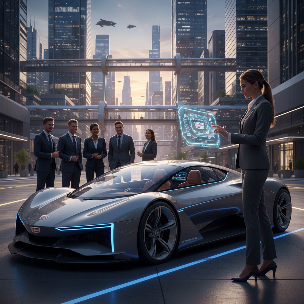 A sleek and modern Cadillac F1 vehicle is parked in an upscale urban environment, showcasing its cutting-edge design and state-of-the-art technology. In the foreground, a well-dressed professional woman engages with the vehicle's digital interface, illuminated by soft, ambient lighting that highlights the cabin’s luxurious interior. In the middle ground, a diverse group of business professionals in smart attire observe the Cadillac F1, their expressions reflecting curiosity and excitement. The background features a futuristic city skyline at dusk, with glowing skyscrapers and a hint of a sunset sky adding warmth to the scene. The overall mood is innovative and sophisticated, emphasizing the seamless integration of advanced automotive technology with consumer experience.