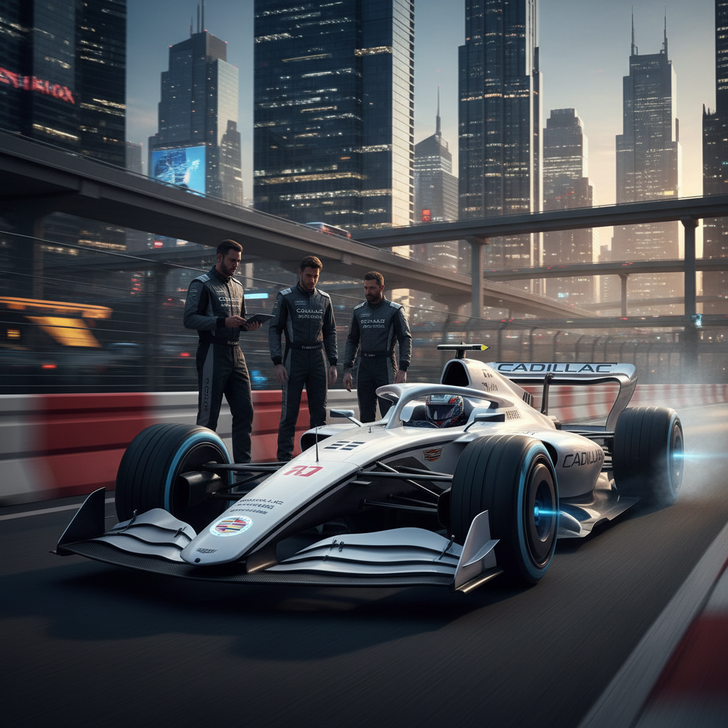 A striking image of a futuristic Cadillac F1 race car in an urban environment, showcasing its advanced design and aerodynamic features. In the foreground, emphasize the sleek body of the car with intricate details like the iconic Cadillac logo, streamlined contours, and prominent open wheel design. The middle ground features a dynamic racing track, with blurred motion lines suggesting speed, while engineers in professional attire observe the car's performance with focused expressions. The background displays a vibrant city skyline at dusk, illuminated by bright lights, enhancing the futuristic feel. Use dramatic lighting to create contrast, highlighting the car against the soft glow of the city. Capture the atmosphere of innovation and challenge in this cutting-edge automotive landscape.