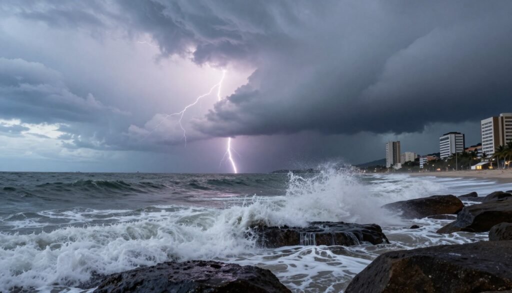 A tempest brewing along the coastline of Santa Catarina, Brazil. In the foreground, dark, turbulent waves crash against jagged rocks, sending up sprays of white foam. The middle ground features a dramatic sky filled with swirling gray clouds, illuminated by occasional flashes of lightning, casting a stark contrast against the darkening horizon. In the background, glimpses of the coastal town of Balneário Camboriú are visible, with tall buildings partially obscured by the storm. The atmosphere is tense and electric, capturing the impending chaos of the weather. The lighting is moody and dynamic, showcasing the raw power of nature. Use a wide-angle lens to enhance the sprawling beach landscape, emphasizing the scale of the storm while maintaining a sense of realism. A tempest brewing along the coastline of Santa Catarina, Brazil. In the foreground, dark, turbulent waves crash against jagged rocks, sending up sprays of white foam. The middle ground features a dramatic sky filled with swirling gray clouds, illuminated by occasional flashes of lightning, casting a stark contrast against the darkening horizon. In the background, glimpses of the coastal town of Balneário Camboriú are visible, with tall buildings partially obscured by the storm. The atmosphere is tense and electric, capturing the impending chaos of the weather. The lighting is moody and dynamic, showcasing the raw power of nature. Use a wide-angle lens to enhance the sprawling beach landscape, emphasizing the scale of the storm while maintaining a sense of realism.