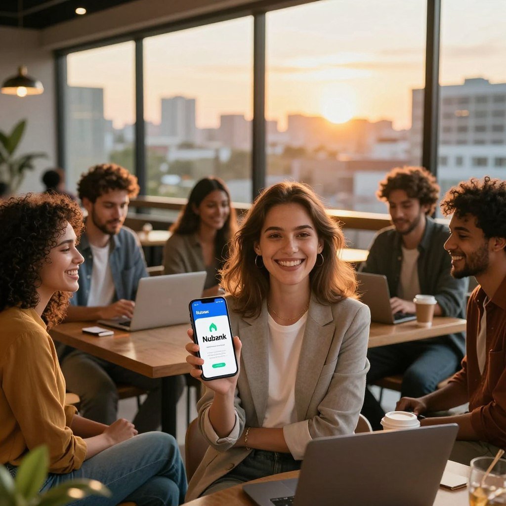A vibrant and inspiring scene featuring a diverse group of satisfied Nubank clients in a modern urban environment. Foreground: a smiling young woman in professional attire, holding a smartphone with the Nubank app open, surrounded by happy friends engaging in discussion. Middle ground: a modern café with large windows, showcasing customers working on laptops, alluding to financial empowerment through digital banking. Background: a city skyline at sunset, casting warm golden light, symbolizing growth and opportunity. Encourage a sense of community and success, with soft, inviting lighting to create an uplifting atmosphere. Use a wide-angle lens to capture the energy of the scene and the joy on the clients' faces, emphasizing their connection to Nubank's transformative services.