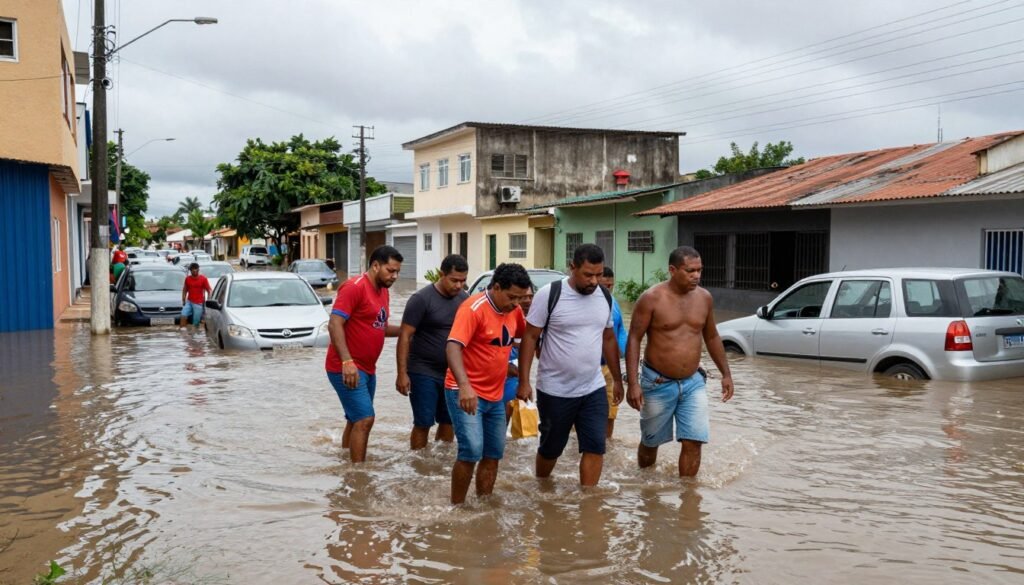 A vibrant street scene in Belém, Brazil, during a flood, highlighting various points of inundation. In the foreground, a group of neighborhood residents, dressed in modest casual clothing, navigate through shallow water, showcasing their concern while helping each other. The middle of the composition features submerged vehicles and waterlogged pavement, emphasizing the extent of the flooding. The background shows typical Belém architecture, partially submerged, under a grey, overcast sky, casting a somber atmosphere. Light reflections dance on the water's surface, adding a dynamic quality. The angle is slightly elevated, framing the scene to evoke urgency and community resilience amidst nature's challenges, with no text or distractions.