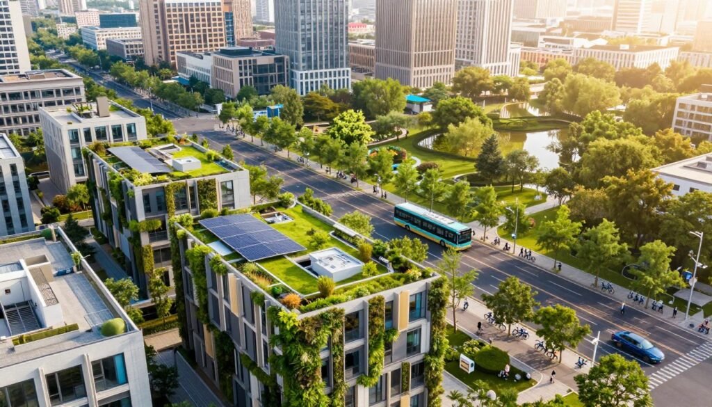 A vibrant, sustainable urban landscape showcasing eco-friendly architecture in the foreground, featuring green rooftops, solar panels, and vertical gardens on buildings. The middle ground shows an integrated transport system with bicycles, electric buses, and pedestrians on tree-lined sidewalks, emphasizing a harmonious coexistence with nature. In the background, a skyline of modern buildings blends seamlessly with lush green spaces, hinting at urban growth and resilience against flooding. The scene is bathed in warm, golden hour lighting, creating an optimistic atmosphere. Capture the image from a slightly elevated angle, emphasizing both the beauty and the sustainable design, while reflecting the long-term consequences of urban planning on community well-being and environmental balance. A vibrant, sustainable urban landscape showcasing eco-friendly architecture in the foreground, featuring green rooftops, solar panels, and vertical gardens on buildings. The middle ground shows an integrated transport system with bicycles, electric buses, and pedestrians on tree-lined sidewalks, emphasizing a harmonious coexistence with nature. In the background, a skyline of modern buildings blends seamlessly with lush green spaces, hinting at urban growth and resilience against flooding. The scene is bathed in warm, golden hour lighting, creating an optimistic atmosphere. Capture the image from a slightly elevated angle, emphasizing both the beauty and the sustainable design, while reflecting the long-term consequences of urban planning on community well-being and environmental balance.