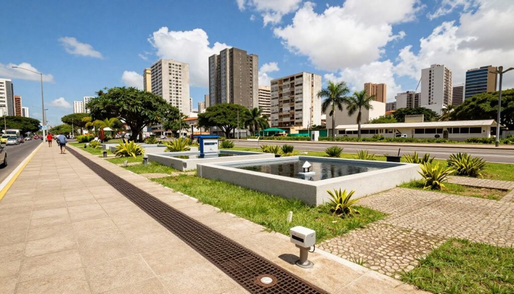 A vibrant urban scene depicting Recife's innovative water management systems. In the foreground, a modern drainage system with grates and tech-enhanced sensors is incorporated into a bustling city sidewalk. In the middle ground, an array of emerging water management technologies, such as rainwater harvesting units and green infrastructure like permeable pavements, are showcased amidst tropical greenery. In the background, the iconic Recife skyline can be seen under a bright blue sky, interspersed with fluffy white clouds, reflecting a warm, sunny atmosphere. The scene is captured in a wide-angle perspective, emphasizing depth and clarity with bright, natural lighting to convey optimism and progress in urban water management.