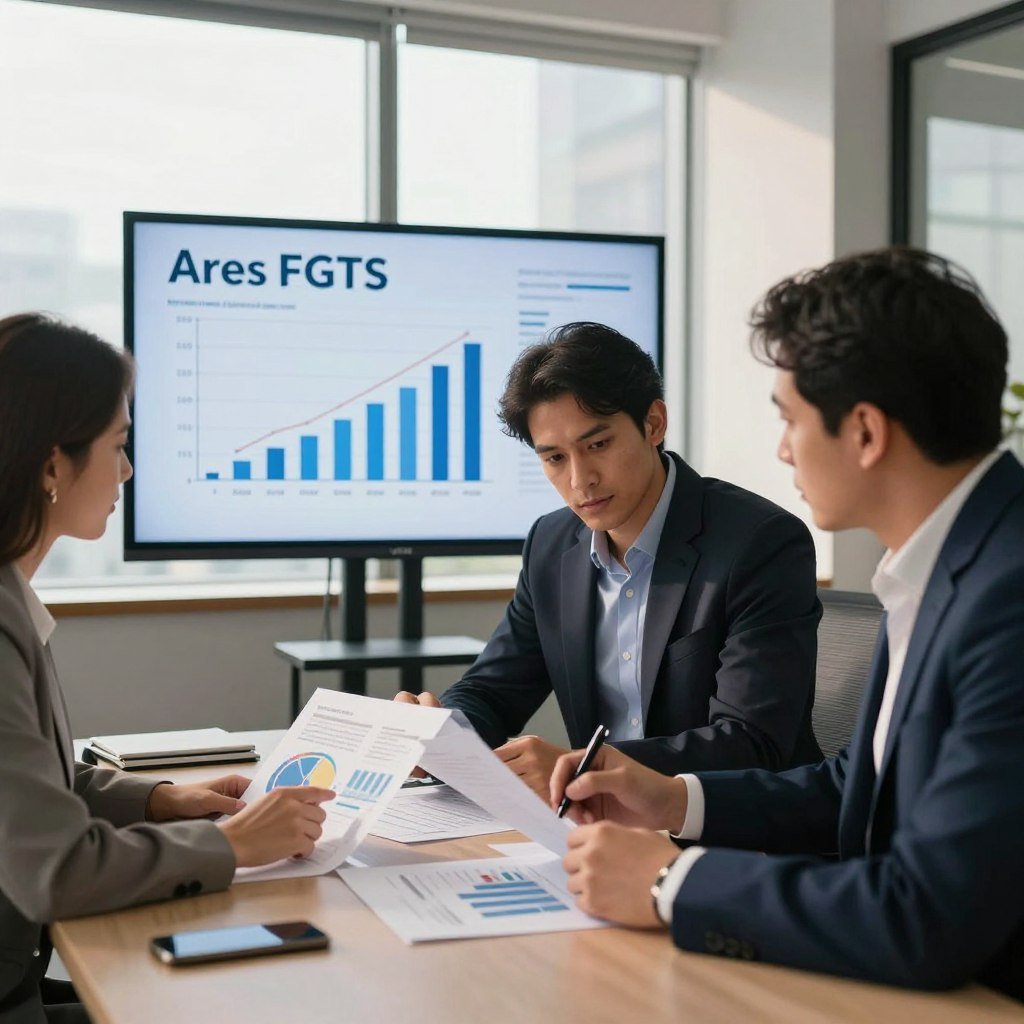 A visually striking scene depicting a professional office environment focusing on retirement planning through Ares FGTS benefits. In the foreground, a diverse group of three professionals, two men and one woman, are gathered around a sleek table, analyzing charts and financial documents. They are dressed in smart business attire, conveying seriousness and collaboration. The middle ground features a large screen displaying graphs related to Ares FGTS and retirement savings, illuminated with a soft glow. In the background, large windows allow natural light to fill the room, casting gentle shadows and creating a warm, inviting atmosphere. The overall mood is one of focus and strategic thinking, ideal for discussions around financial security and retirement benefits.