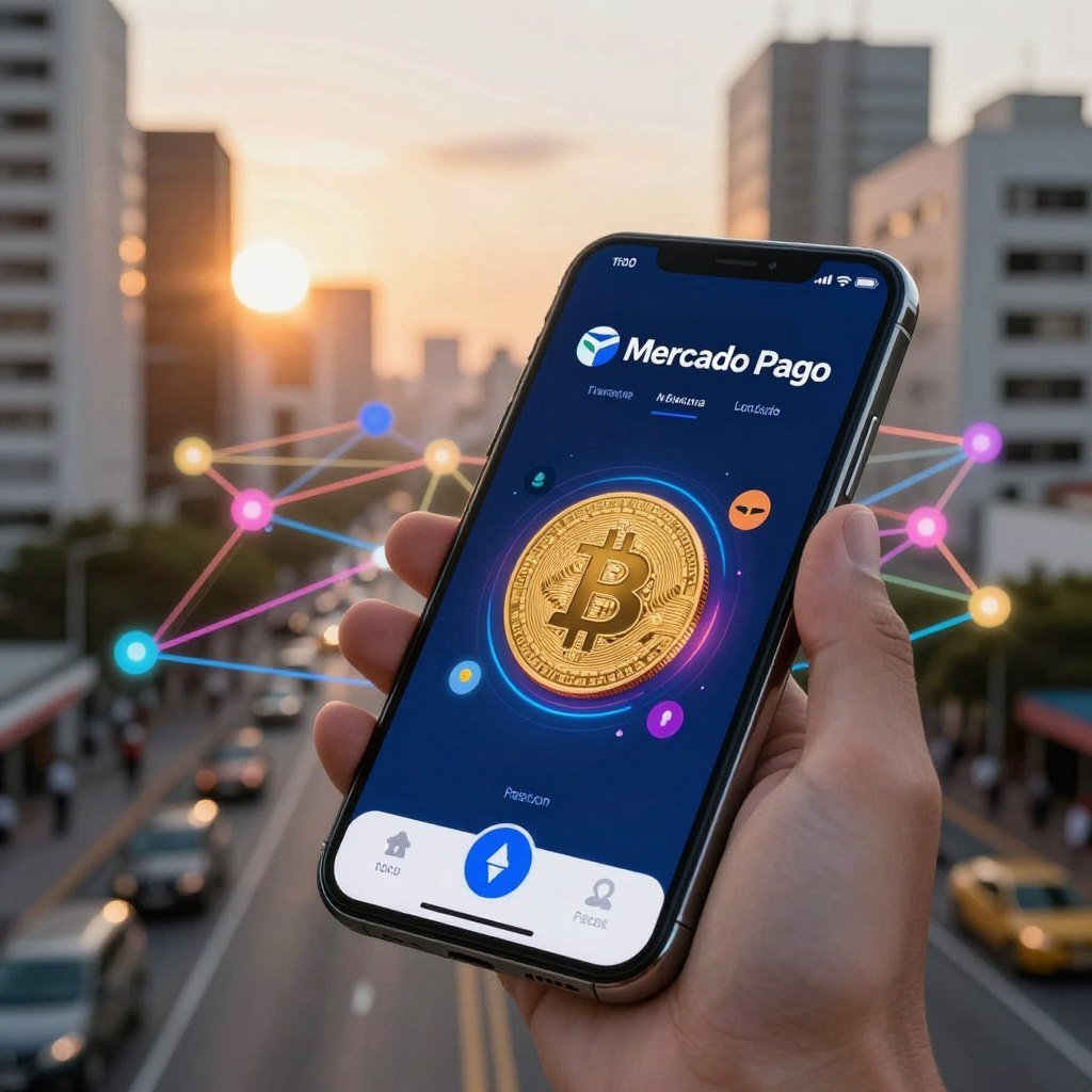 A visually striking scene depicting the integration of cryptocurrency within the Mercado Pago platform. In the foreground, a modern smartphone displays the Mercado Pago app open on a cryptocurrency transfer screen, showcasing vibrant digital coins like Bitcoin and Ethereum, gleaming with a futuristic glow. The middle layer features abstract representations of blockchain technology, with intricate, colorful connections symbolizing digital transactions. In the background, a bustling urban setting with high-rise buildings and a soft sunset casts a warm, golden light, creating a dynamic atmosphere. The overall mood is innovative and forward-thinking, capturing the essence of financial technology. The image is captured from a slightly elevated angle, emphasizing the smartphone as the focal point while maintaining clarity in all elements. A visually striking scene depicting the integration of cryptocurrency within the Mercado Pago platform. In the foreground, a modern smartphone displays the Mercado Pago app open on a cryptocurrency transfer screen, showcasing vibrant digital coins like Bitcoin and Ethereum, gleaming with a futuristic glow. The middle layer features abstract representations of blockchain technology, with intricate, colorful connections symbolizing digital transactions. In the background, a bustling urban setting with high-rise buildings and a soft sunset casts a warm, golden light, creating a dynamic atmosphere. The overall mood is innovative and forward-thinking, capturing the essence of financial technology. The image is captured from a slightly elevated angle, emphasizing the smartphone as the focal point while maintaining clarity in all elements.