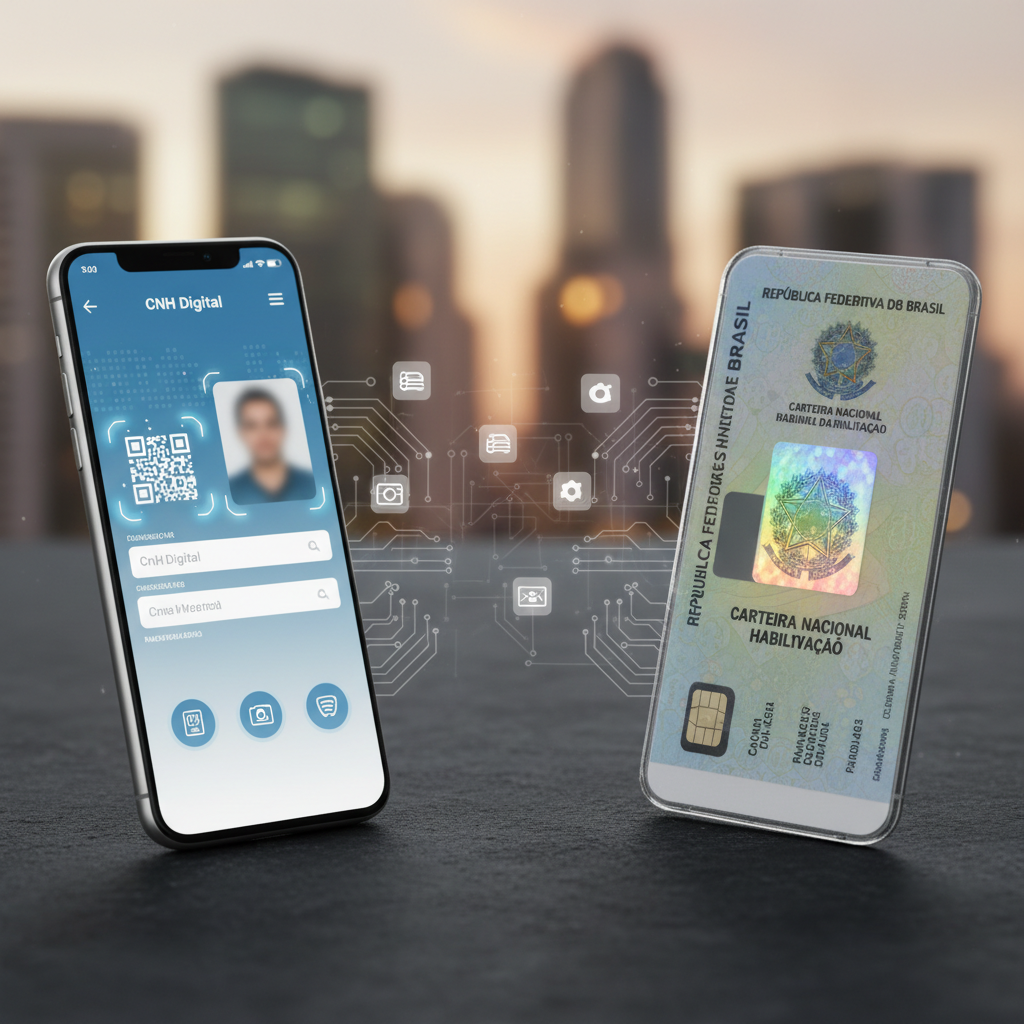 Create a split image comparing the "CNH Digital" and "CNH Física" driving licenses. In the foreground, prominently display both license types: the digital on one side, glowing with a bright, sleek interface on a smartphone screen, while the physical license lies beside it, showcasing traditional features like holograms and embossed text. In the middle ground, include subtle hints of technology, such as circuit patterns or app icons, fading into the background—a blurred cityscape representing modernity. Use soft, natural lighting that enhances the contrasts between the digital and physical elements, with a focus on clarity and professionalism. Capture a balanced composition with a warm, informative atmosphere that emphasizes innovation and reliability. Avoid clutter and ensure no text or logos appear in the image.