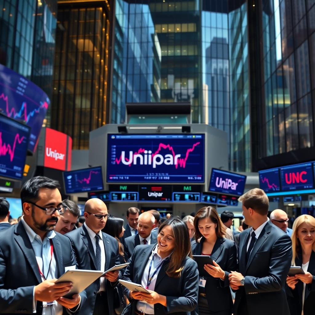 A bustling stock market scene focused on Unipar's financial graph prominently displayed on large digital screens. In the foreground, a diverse group of professionals in business attire, including men and women of various ethnicities, are intently discussing investment strategies, with tablets and documents in hand. The middle ground features a busy trading floor with agents actively engaging, while the background showcases a modern stock exchange building with glass facades reflecting the city skyline. The atmosphere is vibrant and optimistic, suggesting a positive outlook on future trends. Bright, natural lighting enhances the professional mood, with a slight focus on the Unipar displays for clarity and emphasis. A slight depth of field adds sophistication, emphasizing the human activity around the financial technology.