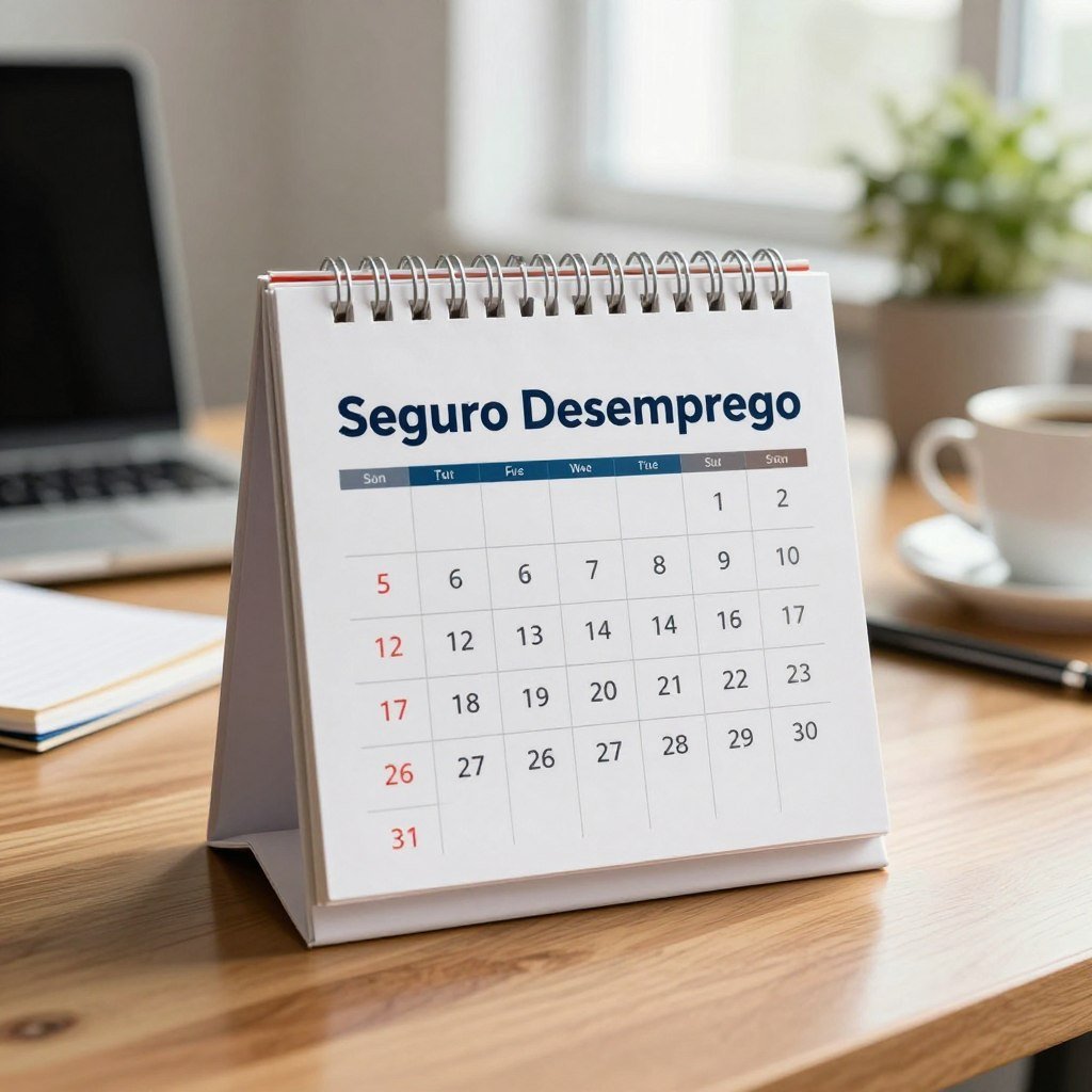 A close-up view of a "Seguro Desemprego" calendar, prominently displaying the months and dates, with a focus on a highlighted Sunday. The calendar is on a sleek wooden desk, reflecting professionalism and organization. In the background, softly blurred office elements like a laptop, notepads, and a coffee cup create an atmosphere of productivity. Natural light streams in from a window, casting warm hues across the scene. A potted plant adds a touch of greenery, symbolizing growth and hope for the future. The mood is optimistic and forward-looking, evoking a sense of planning and financial stability as the viewer contemplates the changes ahead in unemployment insurance.
