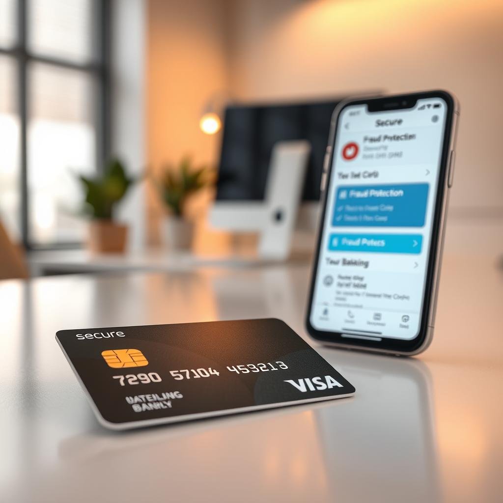 A close-up view of a secure credit card placed on a sleek, modern desk. The foreground features the card, highlighting its chip technology and security symbols (like a padlock or shield), illuminated by soft, warm lighting that creates a sense of safety. In the middle ground, a sophisticated smartphone displays a banking app open to a fraud protection section, signifying technological security. The background is subtly blurred, showcasing a minimalist office environment, with a few plants and a computer, conveying an atmosphere of professionalism and trust. The overall mood should be calming and reassuring, emphasizing the importance of security in financial transactions.