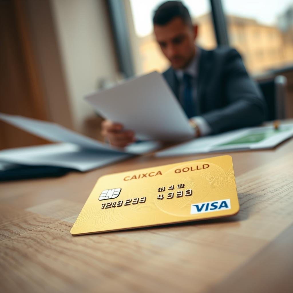 A close-up view of a sleek "Caixa" Visa Gold credit card resting on a clean, minimalist wooden table. The card’s surface glimmers under soft, ambient lighting, showcasing its elegant golden design and intricate patterns. In the background, slightly out of focus, a professional-looking person in business attire is reviewing financial documents, emphasizing a responsible approach to credit card use. Subtle warm tones fill the scene, creating an inviting and polished atmosphere. The camera angle is slightly above the card, capturing its details and the surrounding context without distractions. No other objects or text are included, keeping the focus on the credit card and the responsible financial behavior it represents.