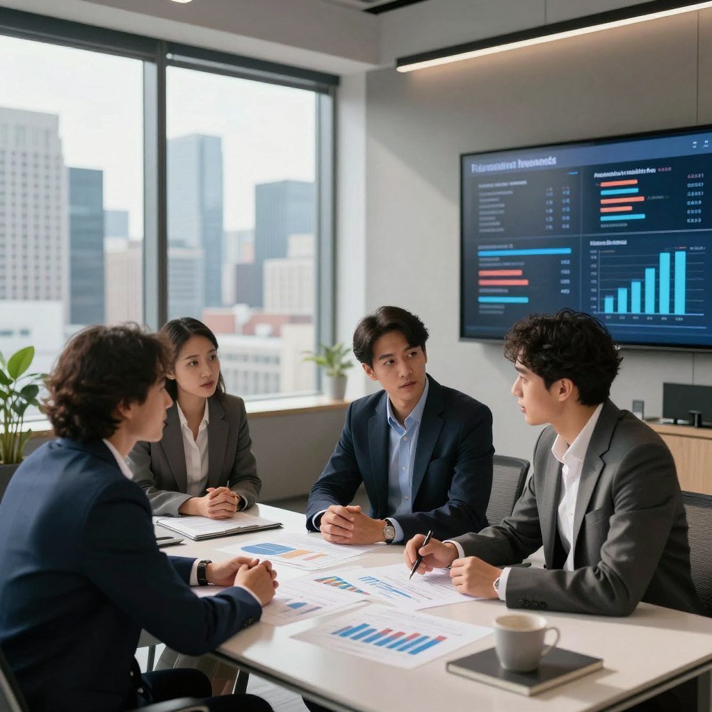A contemporary office space showcasing innovative real estate investment trends. In the foreground, a diverse group of three professionals in business attire is engaged in a discussion, surrounded by charts and graphs depicting market analysis on a sleek table. The middle ground features a large window revealing a vibrant city skyline, symbolizing urban development and growth. In the background, a digital display illustrates various types of real estate investment funds, highlighting both fixed and variable options. Soft natural light streams through the window, creating an inviting atmosphere, while a modern aesthetic with clean lines and stylish furnishings enhances the professional mood.