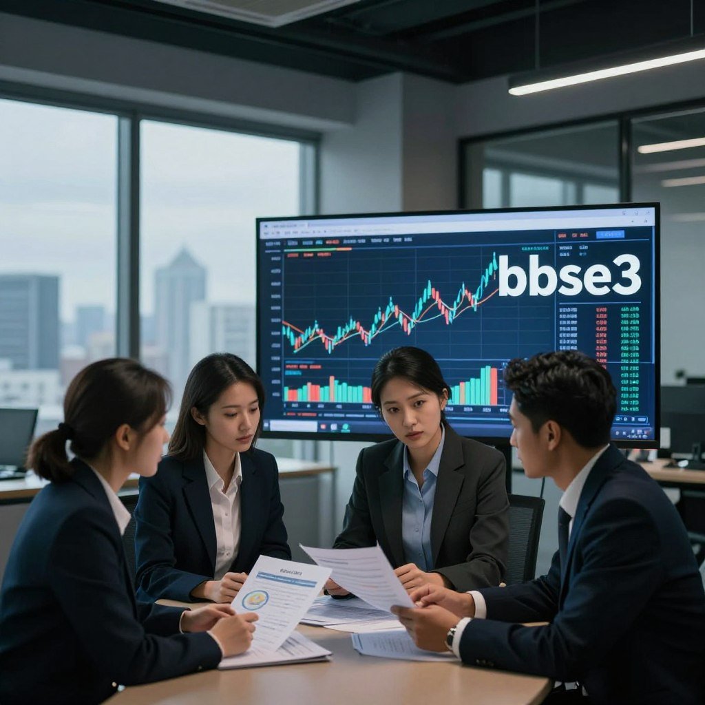 A detailed and informative depiction of "bbse3" in a professional setting, highlighting associated risks. In the foreground, illustrate a diverse group of three business professionals in smart business attire, analyzing financial documents related to bbse3. The middle ground showcases a large screen displaying a stock market graph with fluctuating trends, symbolizing volatility. In the background, a modern office environment with large windows revealing a city skyline under overcast skies, creating a tense, thoughtful atmosphere. The lighting should be cool and dramatic, with soft shadows cast by overhead lights, emphasizing the seriousness of the subject matter. The overall mood should convey caution and contemplation, reflecting the discussion of risks. A detailed and informative depiction of "bbse3" in a professional setting, highlighting associated risks. In the foreground, illustrate a diverse group of three business professionals in smart business attire, analyzing financial documents related to bbse3. The middle ground showcases a large screen displaying a stock market graph with fluctuating trends, symbolizing volatility. In the background, a modern office environment with large windows revealing a city skyline under overcast skies, creating a tense, thoughtful atmosphere. The lighting should be cool and dramatic, with soft shadows cast by overhead lights, emphasizing the seriousness of the subject matter. The overall mood should convey caution and contemplation, reflecting the discussion of risks.