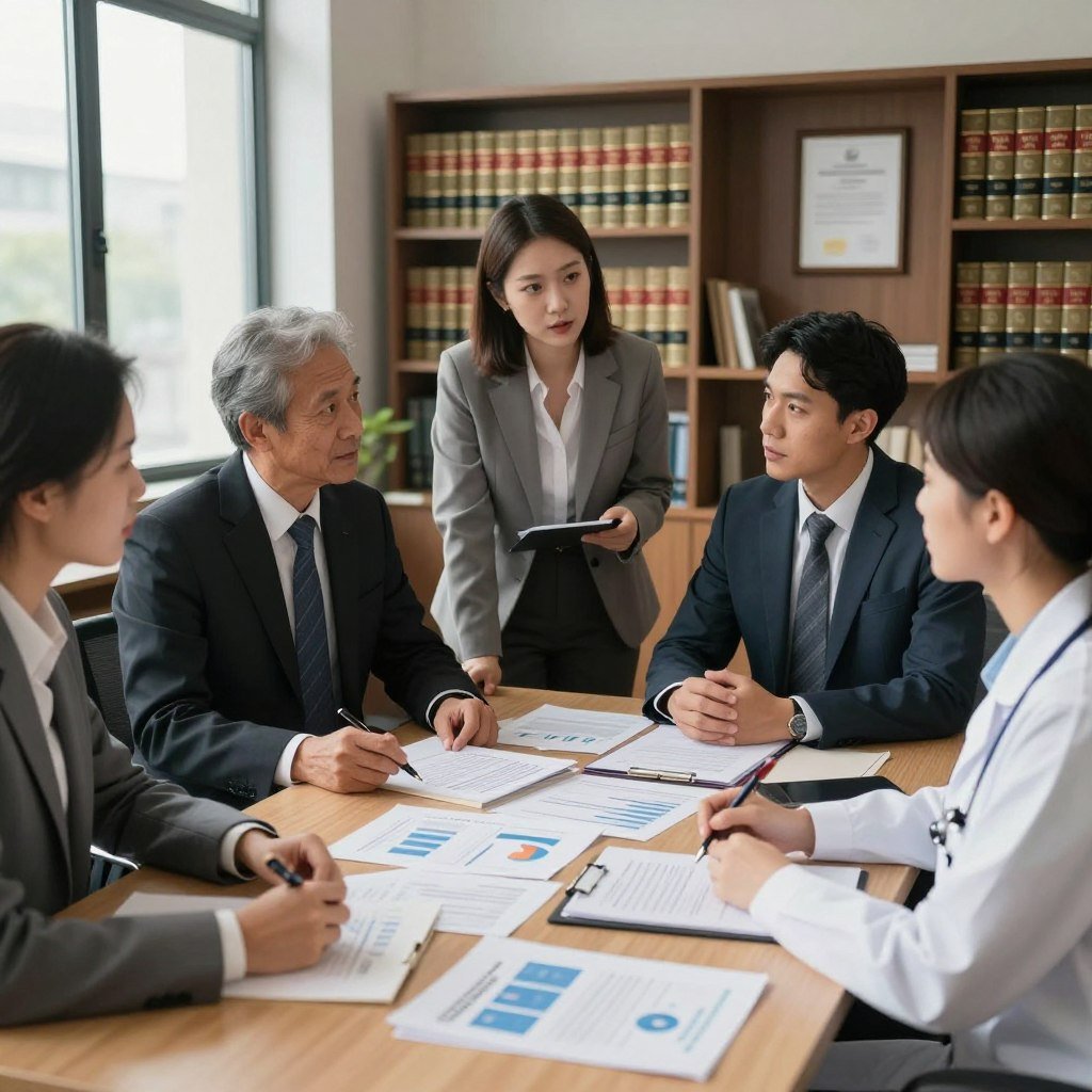 A detailed and informative scene showcasing specific professional categories related to unemployment insurance regulations. In the foreground, a diverse group of professionals dressed in smart business attire, including a lawyer, a teacher, and a healthcare worker, engaged in discussion with serious expressions. In the middle ground, a large table covered with documents, charts, and legal papers symbolizes the complexities of regulations. The background features a modern office environment with bookshelves filled with law volumes and framed certificates to emphasize professionalism. Soft, natural lighting cascades through large windows, creating a warm and focused atmosphere. The angle captures the interaction among the professionals while highlighting their determination and collaborative spirit in understanding employment rules.