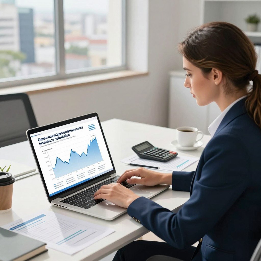 A detailed illustration of a professional setting representing "online unemployment insurance calculation" in Brazil. In the foreground, a confident woman in smart business attire is working on her laptop, focused on a graph displayed on the screen that shows fluctuating statistics related to unemployment benefits. In the middle, a modern office desk with papers, a calculator, and a coffee cup, signifying a workplace environment. The background features a large window with a cityscape view, providing natural light that creates a warm, productive atmosphere. The colors are bright and inviting, enhancing the mood of professionalism and expertise in navigating legal changes in unemployment policy. The camera angle is slightly elevated, capturing the scene from a dynamic perspective.