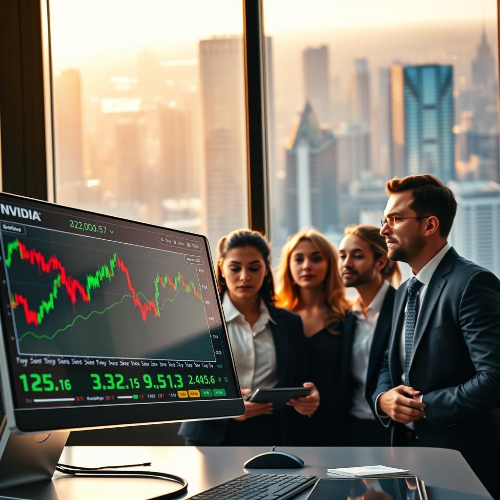 A detailed stock market analysis scene featuring a digital display of NVIDIA stock prices and trends. In the foreground, a sleek, modern desktop computer screen shows fluctuating graphs and candlestick charts, highlighting important data points. In the middle, a diverse group of professionals, dressed in business attire, discuss the trends and figures. Their expressions reflect focus and determination. The background features a large window with a view of a bustling city skyline, bathed in the warm glow of afternoon sunlight, symbolizing economic activity. The lighting should be bright yet soft to enhance the professional atmosphere, captured from a slightly elevated angle to encompass both the screen and the professionals. The overall mood conveys a sense of urgency and optimism in the investment landscape.