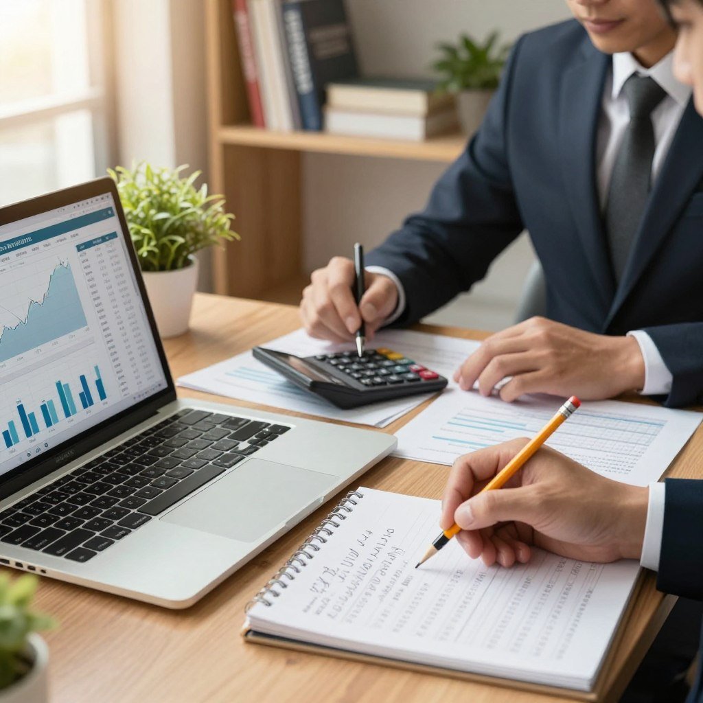 A detailed workspace scene illustrating the analysis of real estate funds. In the foreground, a laptop displaying financial graphs and data reports on real estate investment trusts (REITs). Next to it, a hand holds a pencil poised above a notepad filled with handwritten notes and calculations. In the middle, a professional in business attire, focused and engaged, analyzing reports and using a calculator for financial metrics. The background features a bookshelf with finance-related books and a potted plant, creating a calming atmosphere. The lighting is warm and soft, emulating natural sunlight streaming through a window, enriching the sense of productivity and professionalism in the setting.