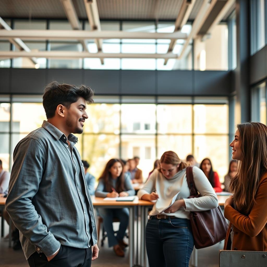 A diverse group of students sharing their experiences with their education at Unopar. In the foreground, two students, one male and one female, engage in an animated conversation, both wearing smart-casual attire, exuding enthusiasm and determination. In the middle ground, other students sit at desks, looking engaged and taking notes, symbolizing a collaborative learning environment. In the background, the modern architecture of Unopar's campus is visible through large windows, allowing natural light to flood the room, creating an uplifting and motivating atmosphere. The balance of warm and cool tones evokes a sense of inclusivity and inspiration, showcasing the transformative power of education. Focus on a wide-angle view to capture the dynamic interactions and the inviting ambiance of the learning space.